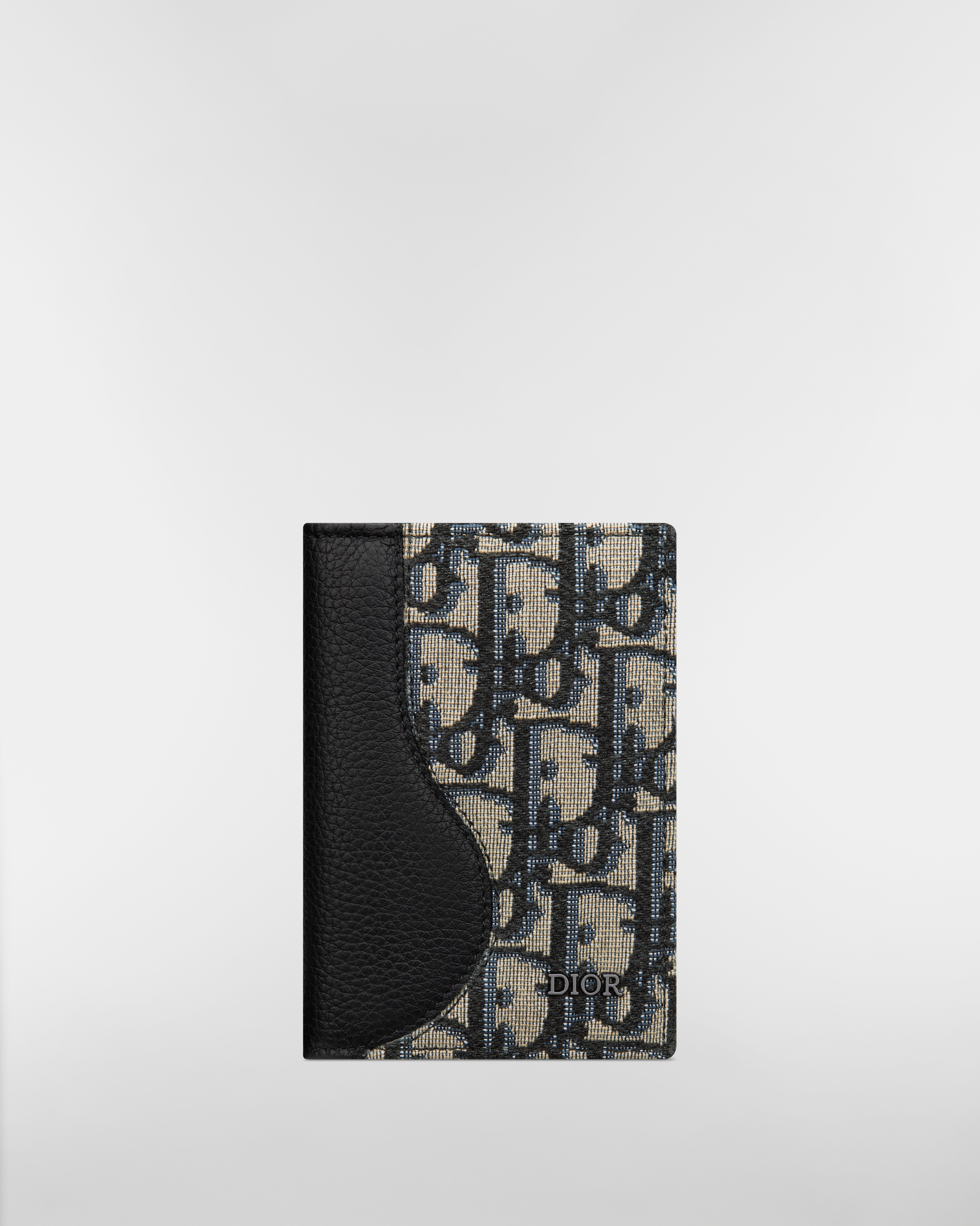 Saddle Vertical Bifold Card Holder Black Grained Calfskin Marquetry with Beige and Black Dior Oblique Jacquard E01