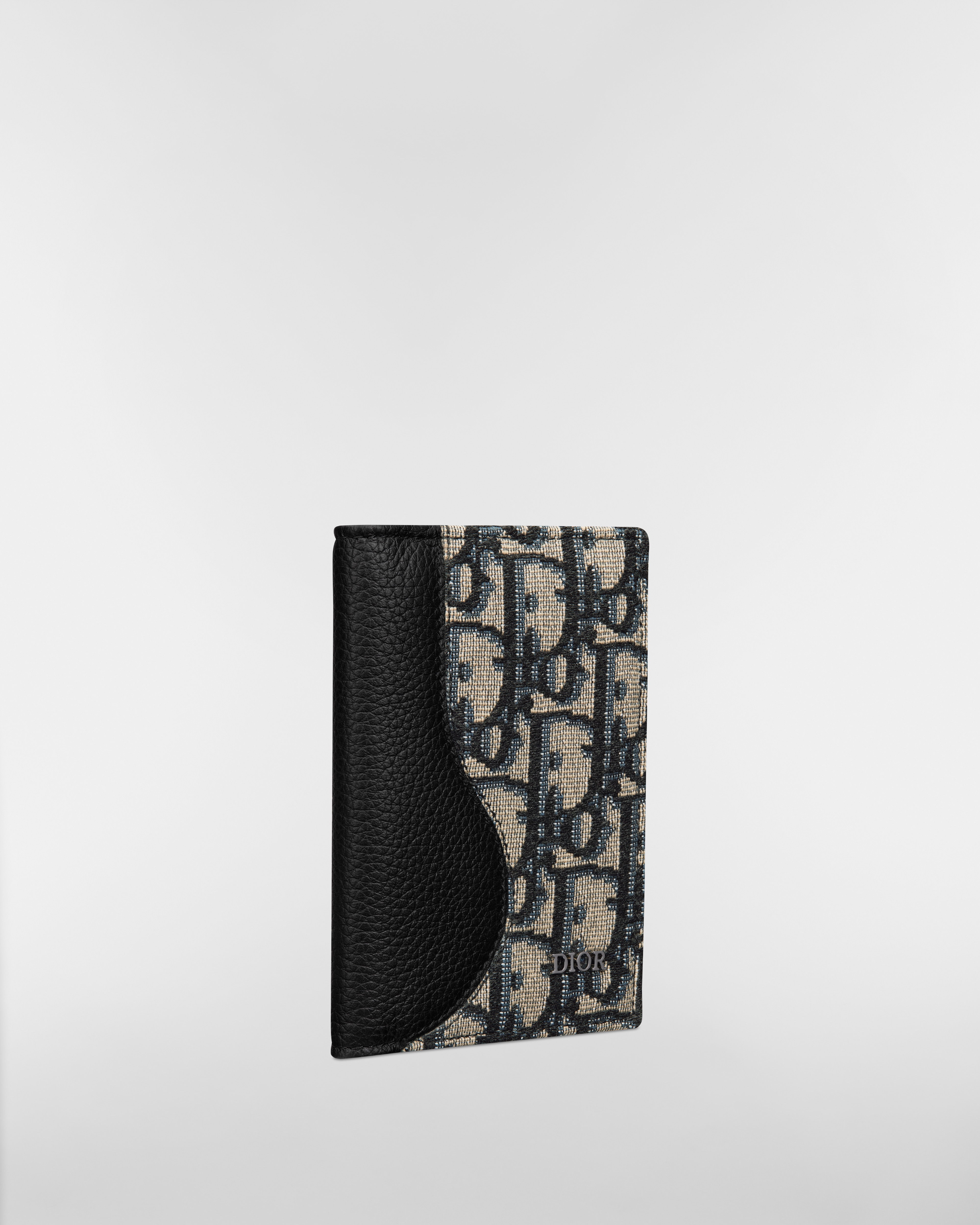 Saddle Vertical Bifold Card Holder Black Grained Calfskin Marquetry with Beige and Black Dior Oblique Jacquard E03
