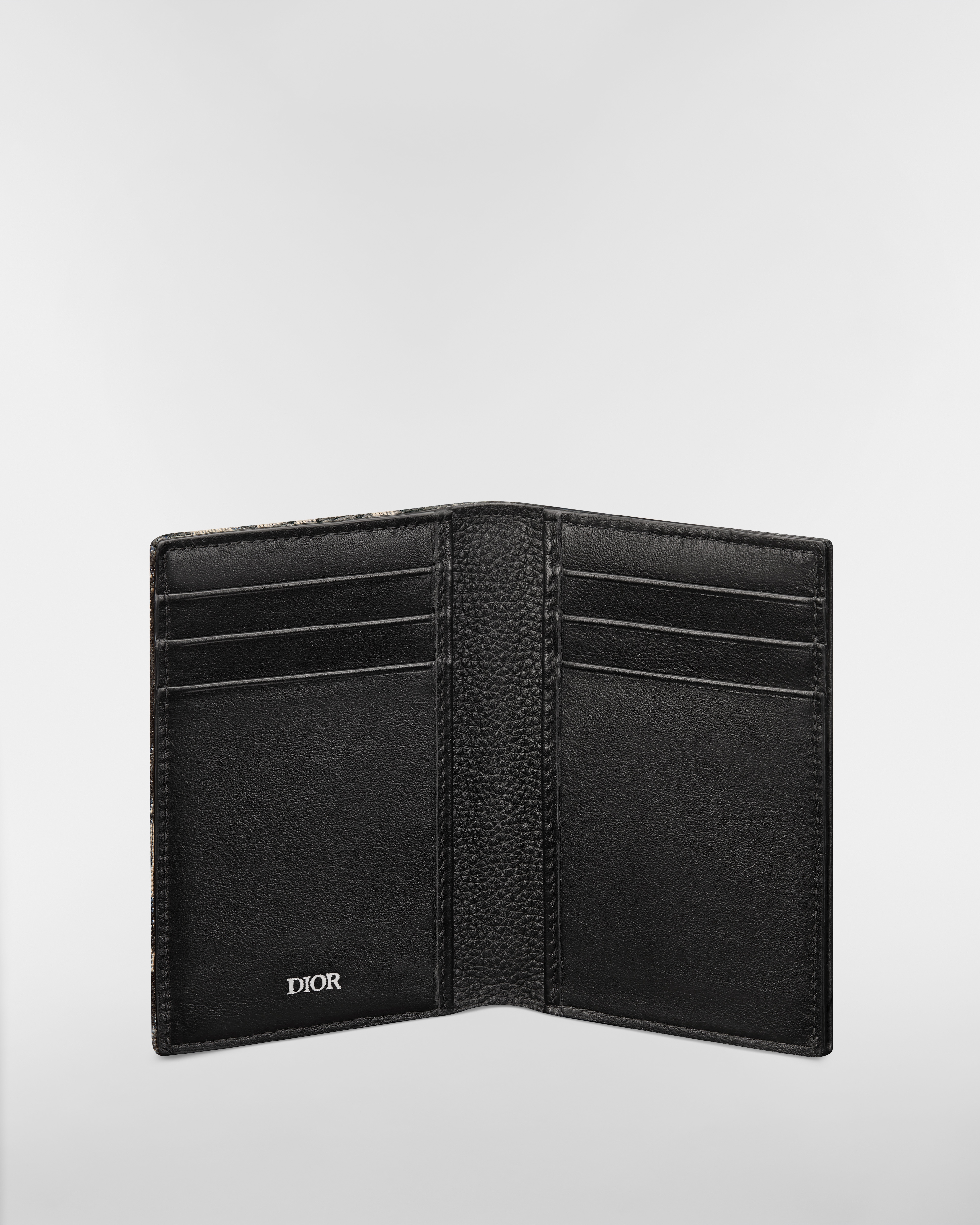 Saddle Vertical Bifold Card Holder Black Grained Calfskin Marquetry with Beige and Black Dior Oblique Jacquard E07