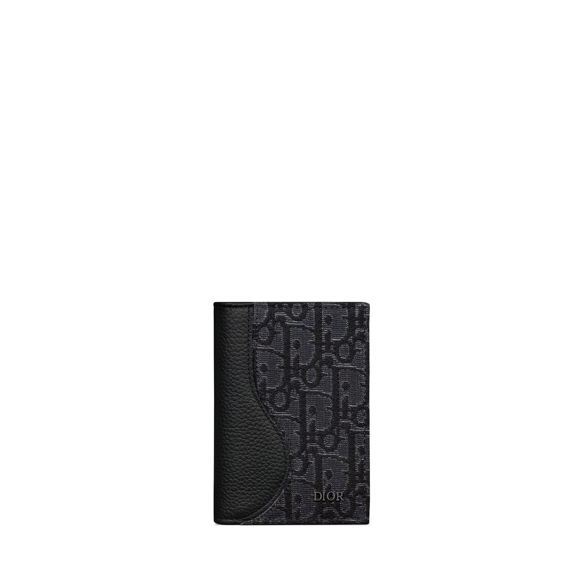 Saddle Bifold Card Holder Black Grained Calfskin and Silver-Tone Metallic Dior Oblique Jacquard Marquetry E01