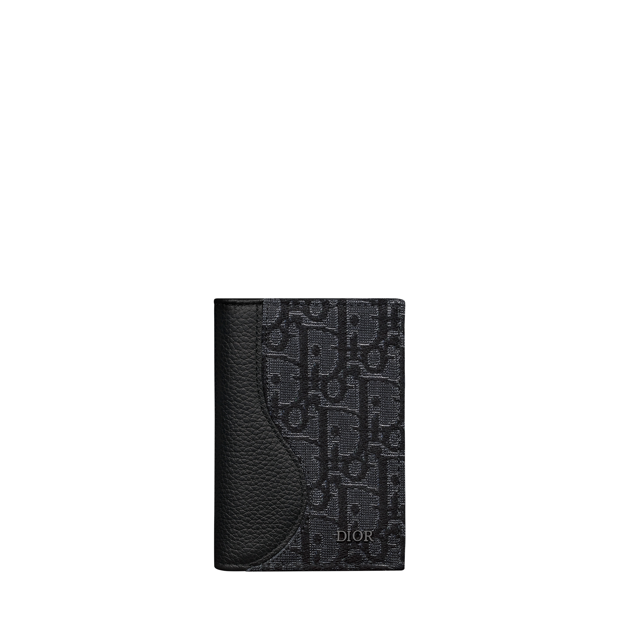 Saddle Bifold Card Holder Black Grained Calfskin and Silver-Tone Metallic Dior Oblique Jacquard Marquetry E01