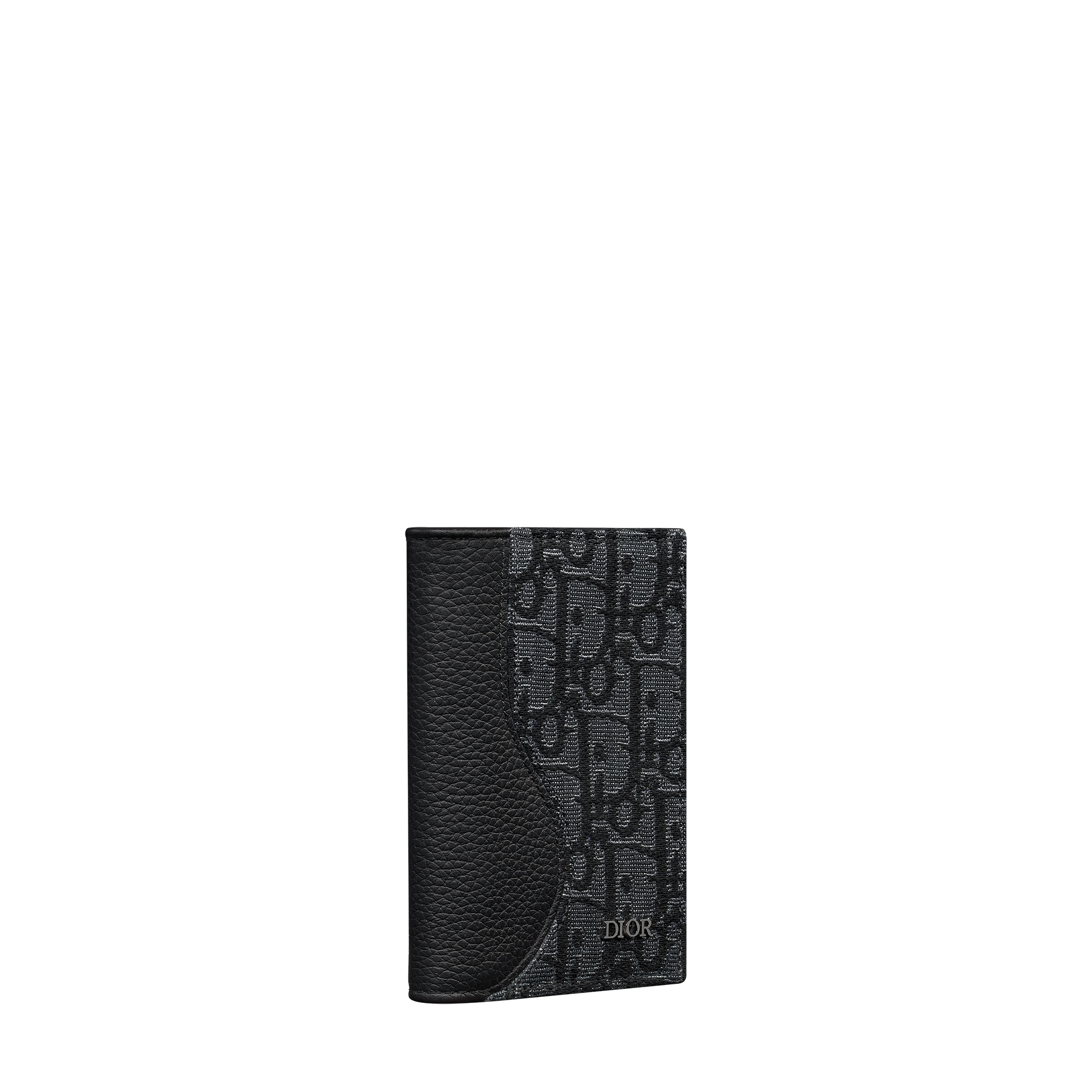 Saddle Bifold Card Holder Black Grained Calfskin and Silver-Tone Metallic Dior Oblique Jacquard Marquetry E03
