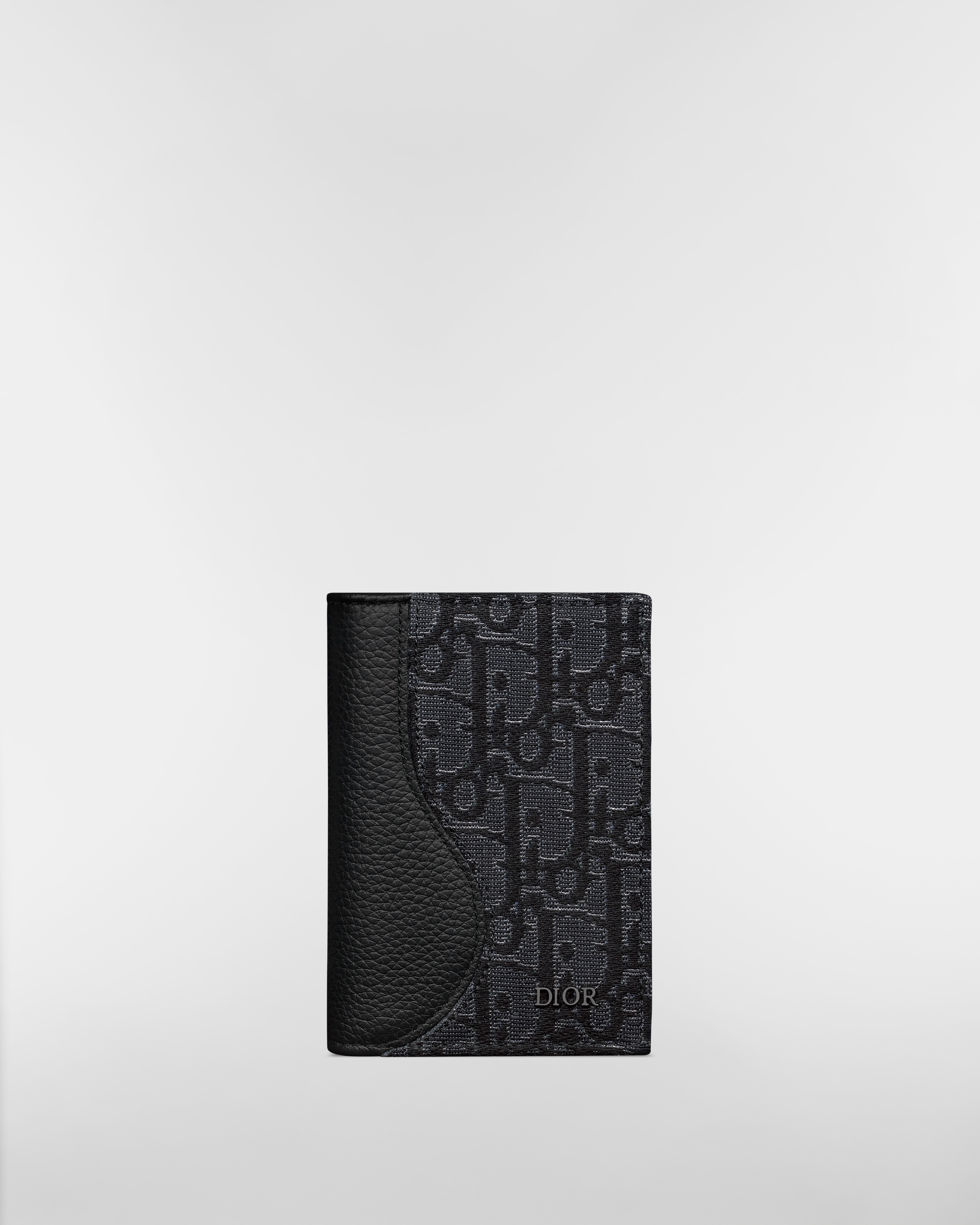 Saddle Bifold Card Holder Black Grained Calfskin and Silver-Tone Metallic Dior Oblique Jacquard Marquetry E01