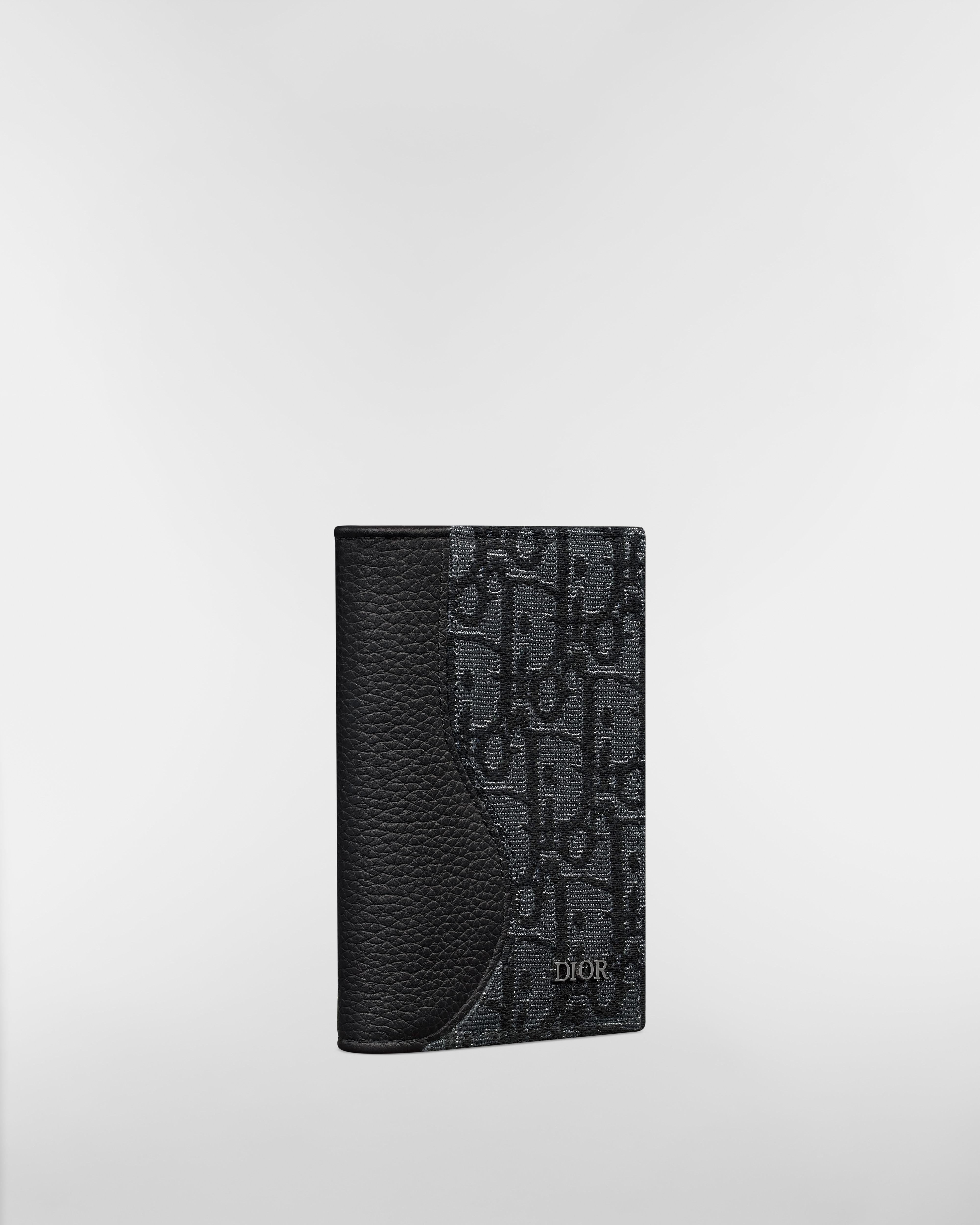 Saddle Bifold Card Holder Black Grained Calfskin and Silver-Tone Metallic Dior Oblique Jacquard Marquetry E03