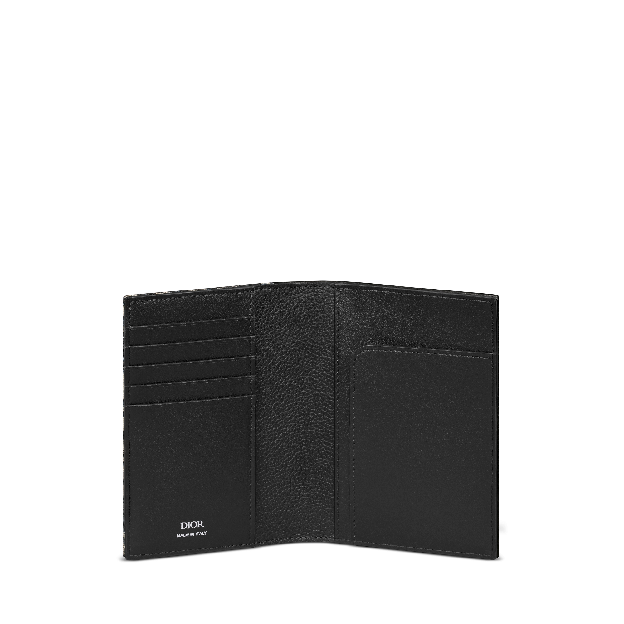 Étui pour passeport Saddle Marqueterie de cuir de veau grainé noir et toile jacquard Dior Oblique beige et noir E07