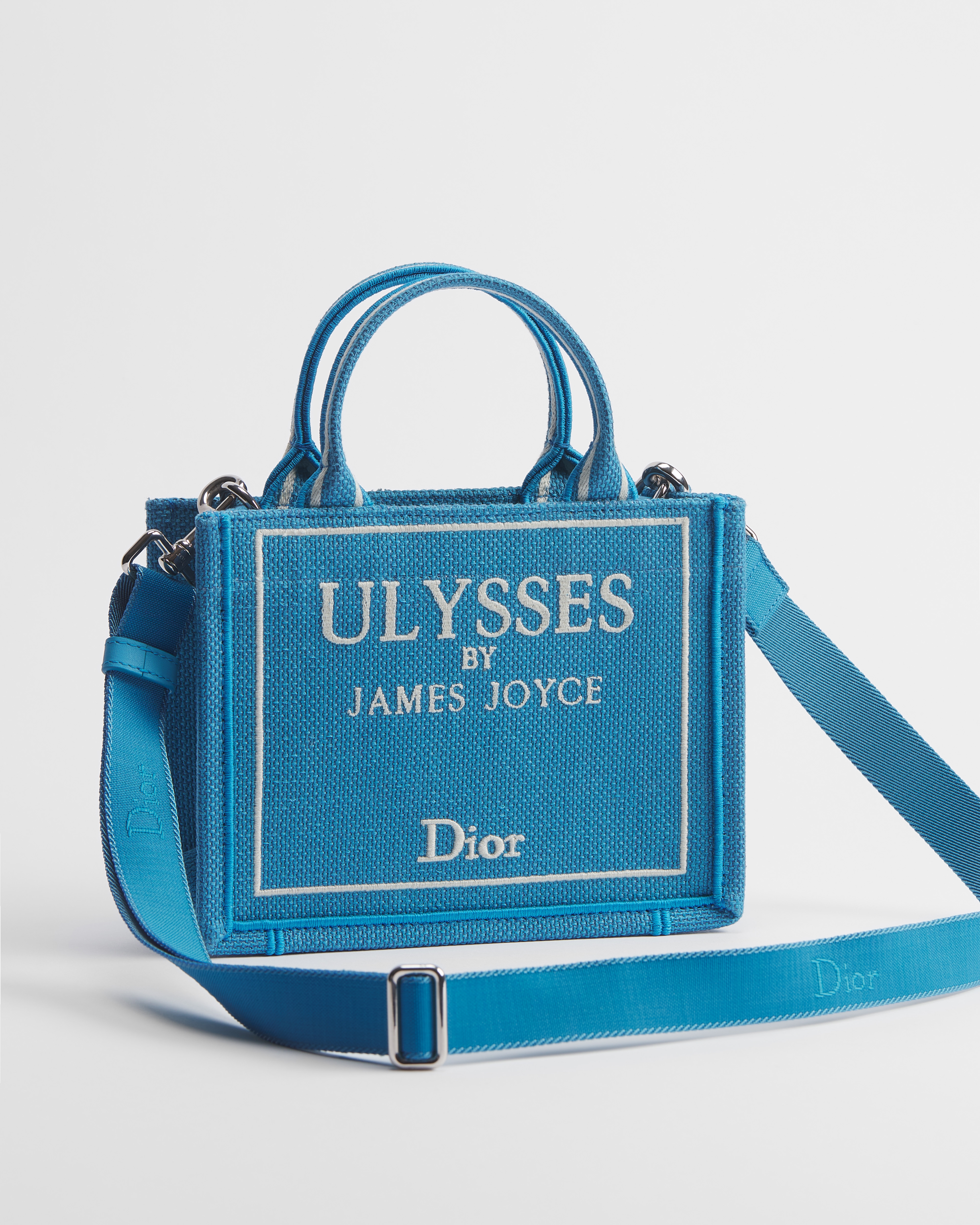 Mini Dior Book Tote mit Schulterriemen Book Cover-Stickerei in Hellblau und Weiß (20 x 15,5 x 6 cm) E03