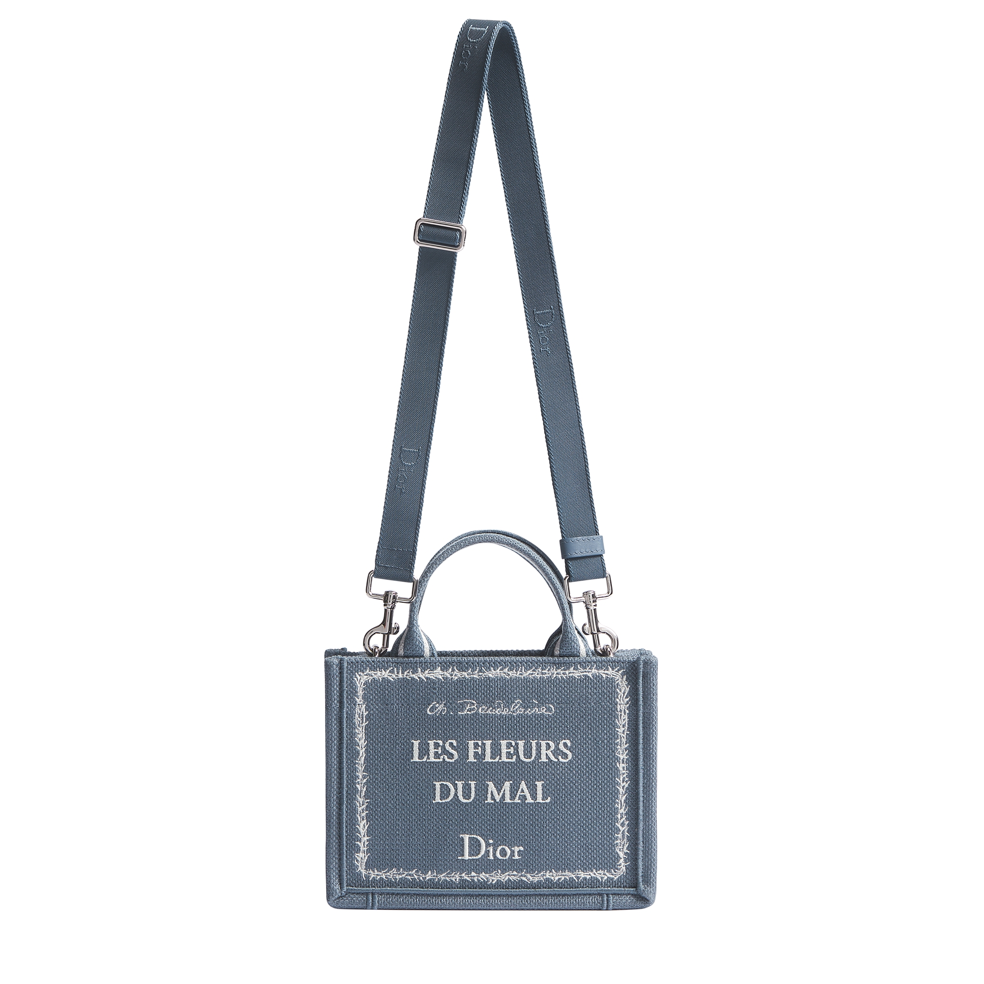 Mini Dior Book Tote with Strap Blue and White Book Cover Embroidery (20 x 15.5 x 6 cm) E07