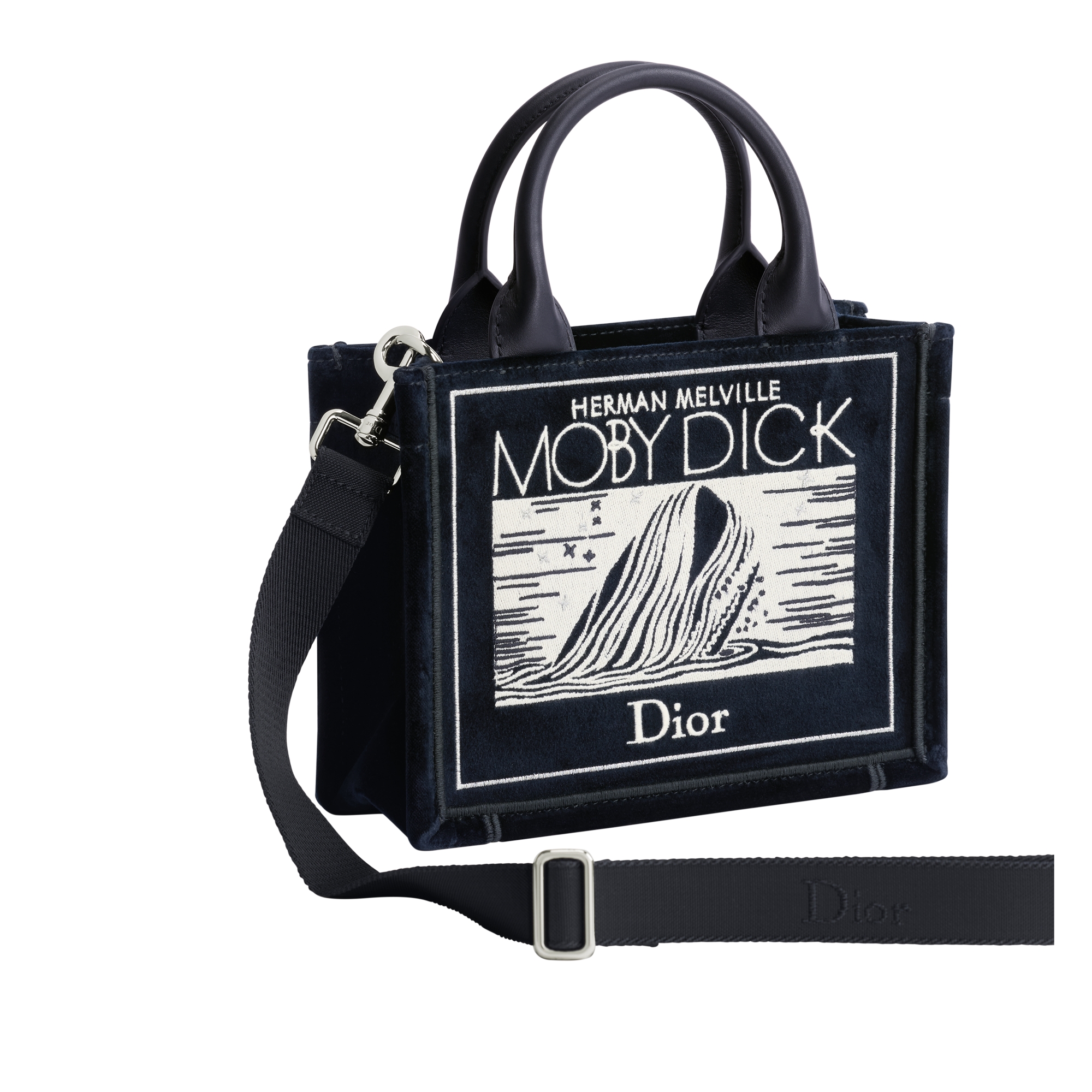 Mini Dior Book Tote with Strap Navy Blue Velvet with Ecru and Silver-Tone Book Cover Embroidery (20.5 x 16 x 7 cm) E03