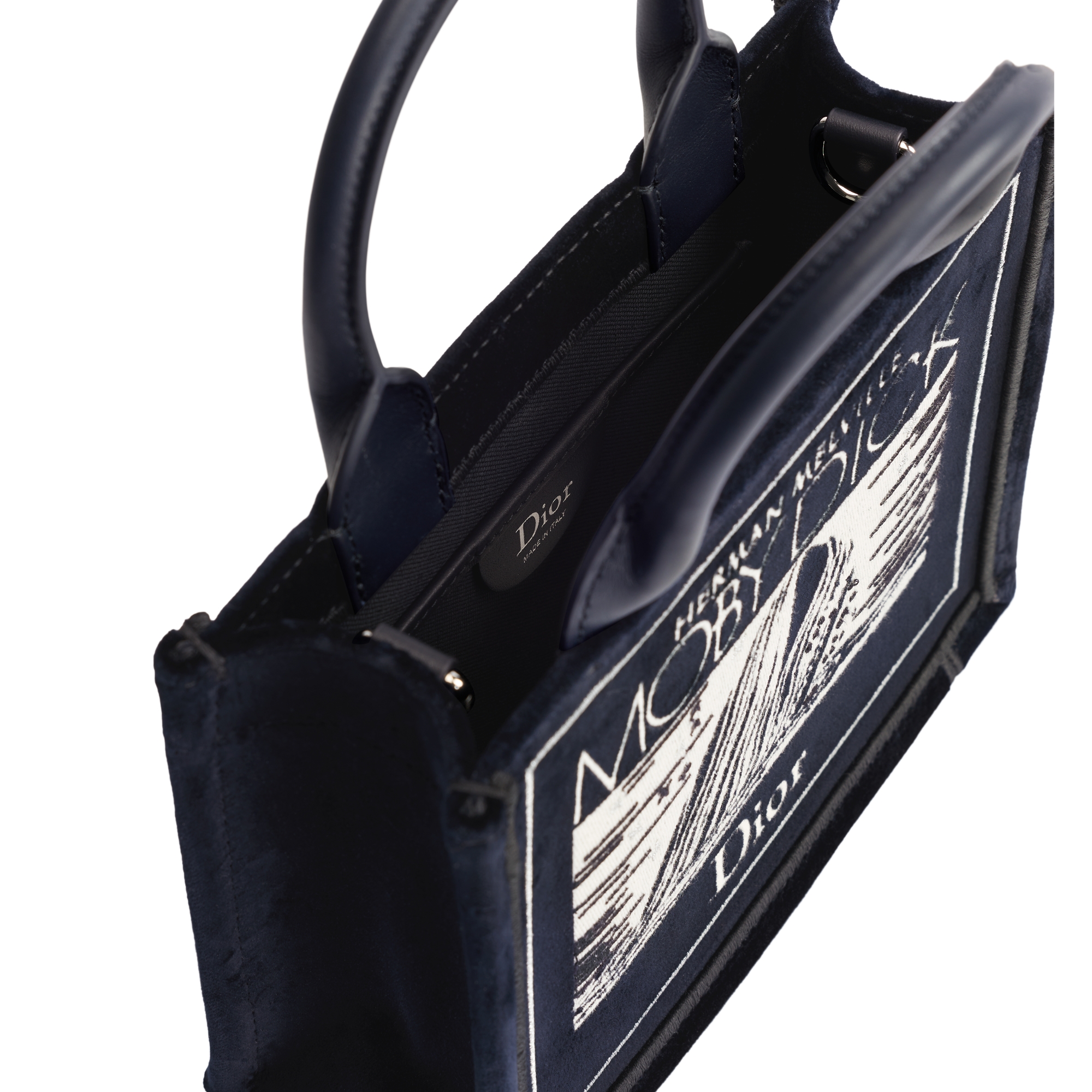 Mini Dior Book Tote with Strap Navy Blue Velvet with Ecru and Silver-Tone Book Cover Embroidery (20.5 x 16 x 7 cm) E06