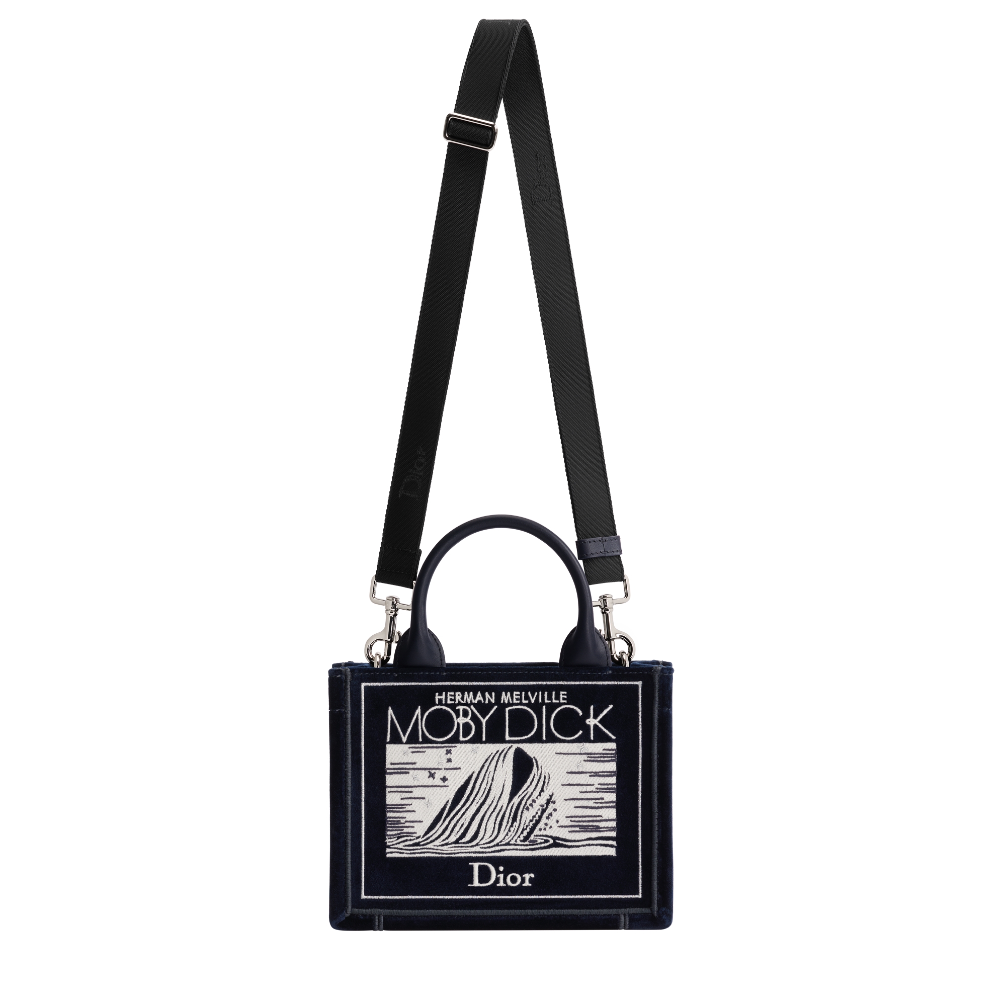 Mini Dior Book Tote with Strap Navy Blue Velvet with Ecru and Silver-Tone Book Cover Embroidery (20.5 x 16 x 7 cm) E07