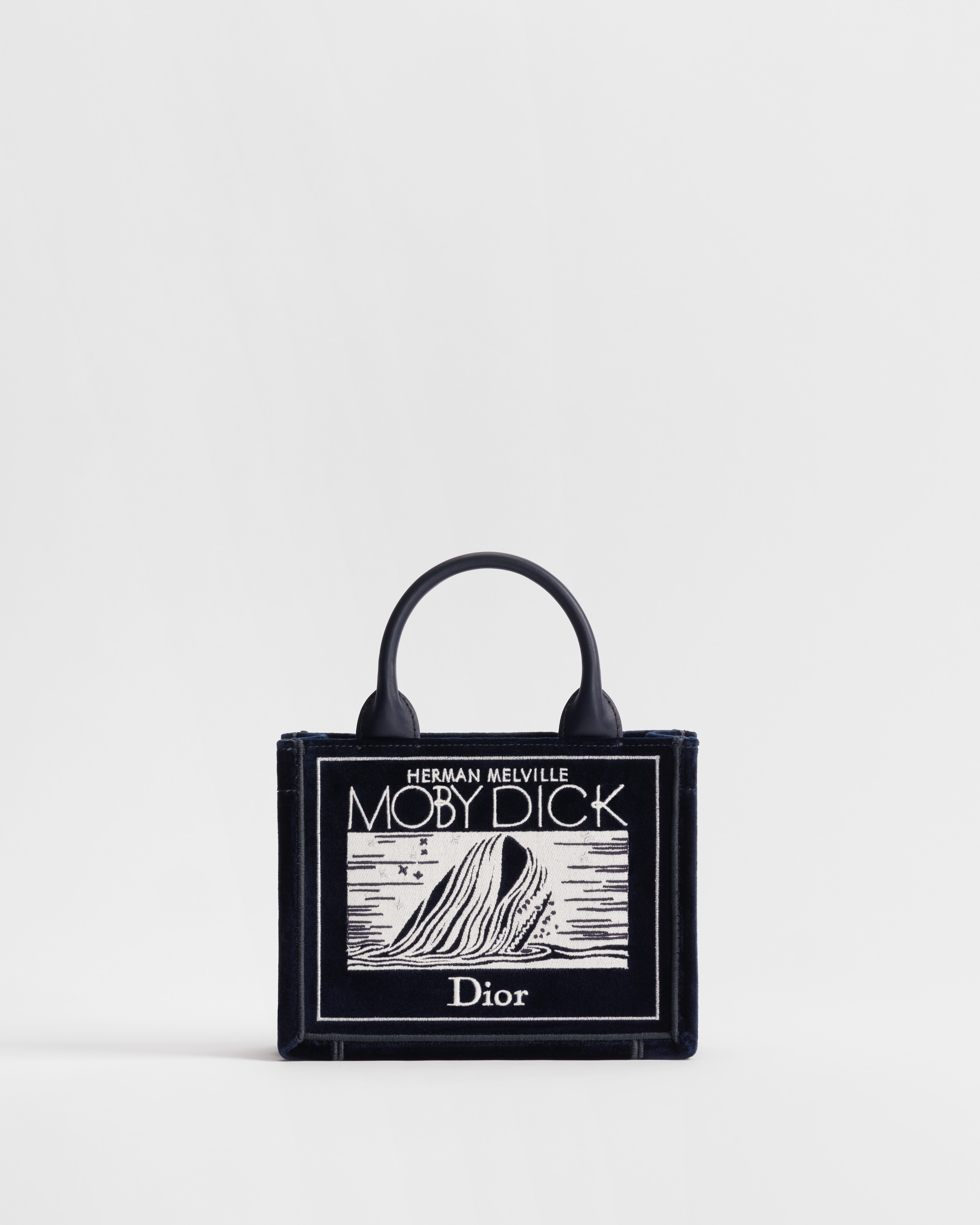 Mini Dior Book Tote with Strap Navy Blue Velvet with Ecru and Silver-Tone Book Cover Embroidery (20.5 x 16 x 7 cm) E01