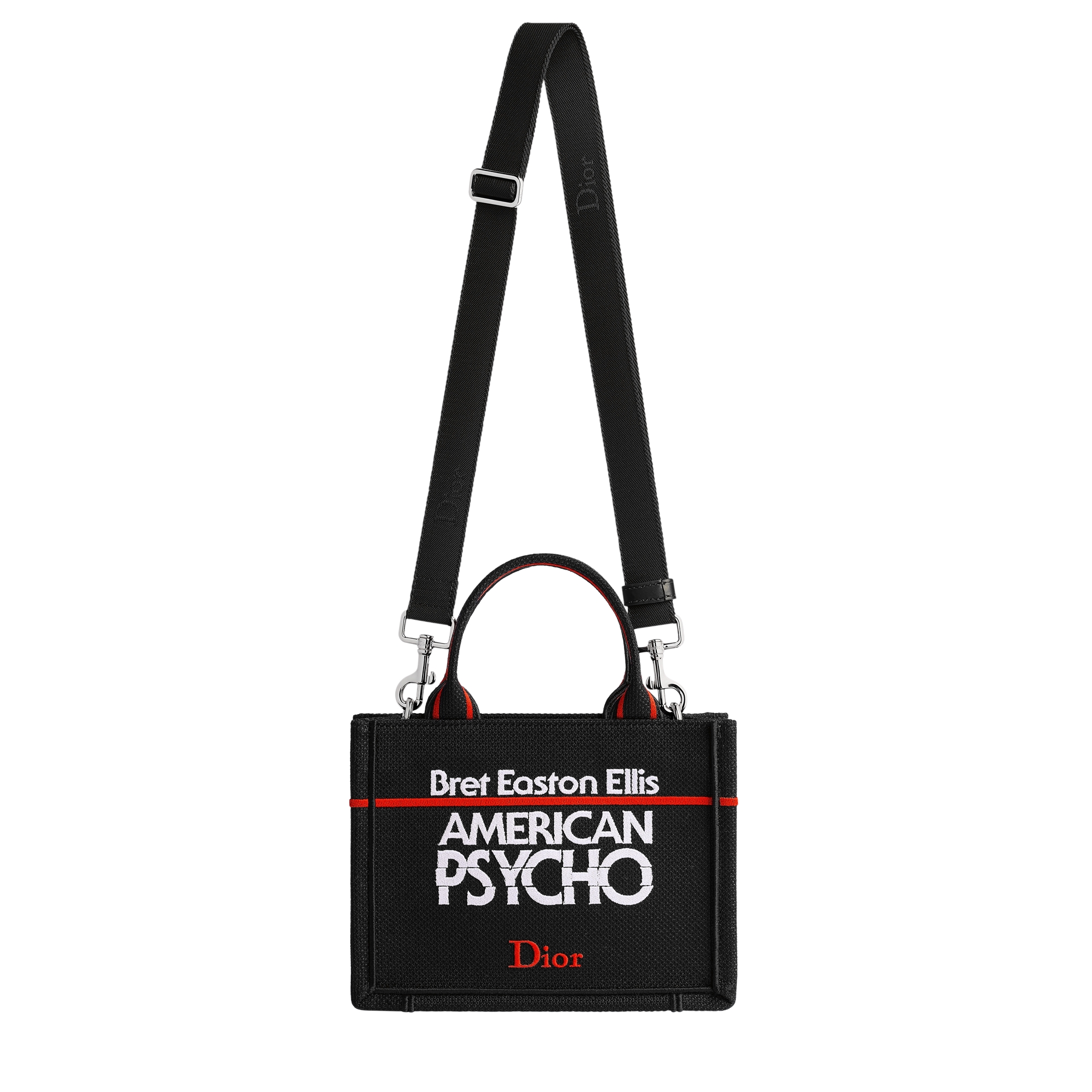 Mini Dior Book Tote with Strap Black, White and Red Book Cover Embroidery (20.5 x 16 x 7 cm) E07