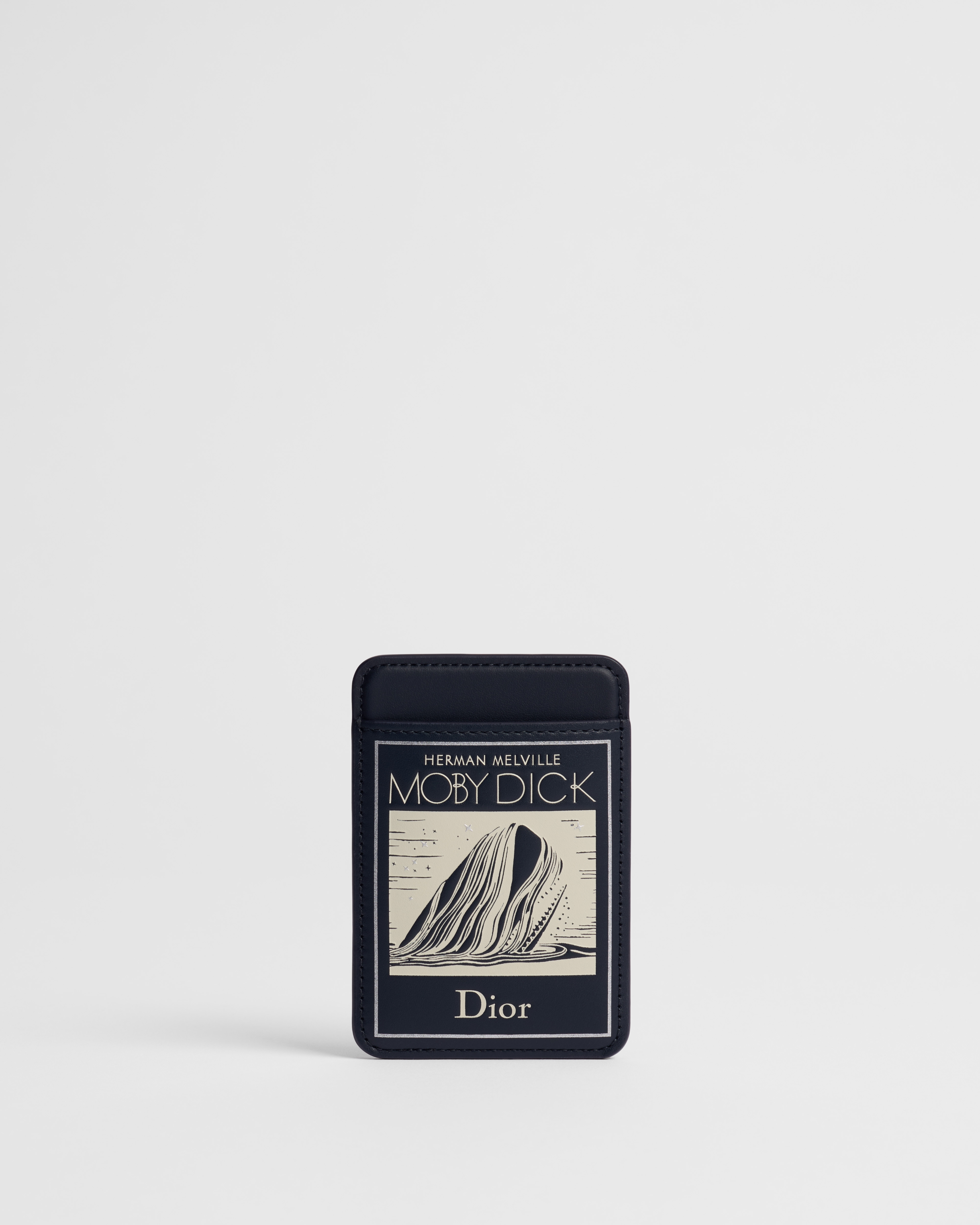 Magnetic Card Holder Navy Blue Calfskin with Ecru and Silver-Tone Embossed Book Cover E01