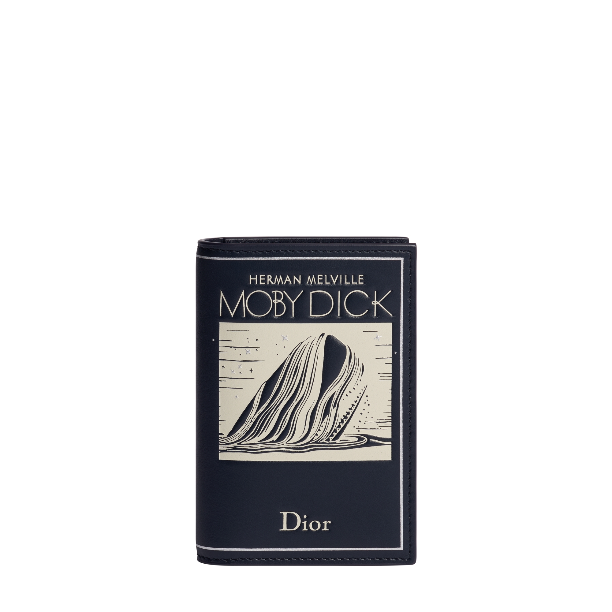 Bifold Card Holder Navy Blue Calfskin with Ecru and Silver-Tone Embossed Book Cover E01