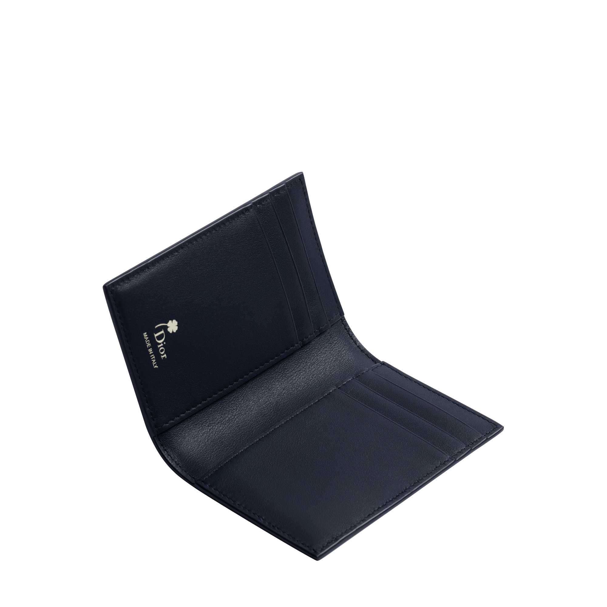 Bifold Card Holder Navy Blue Calfskin with Ecru and Silver-Tone Embossed Book Cover E06