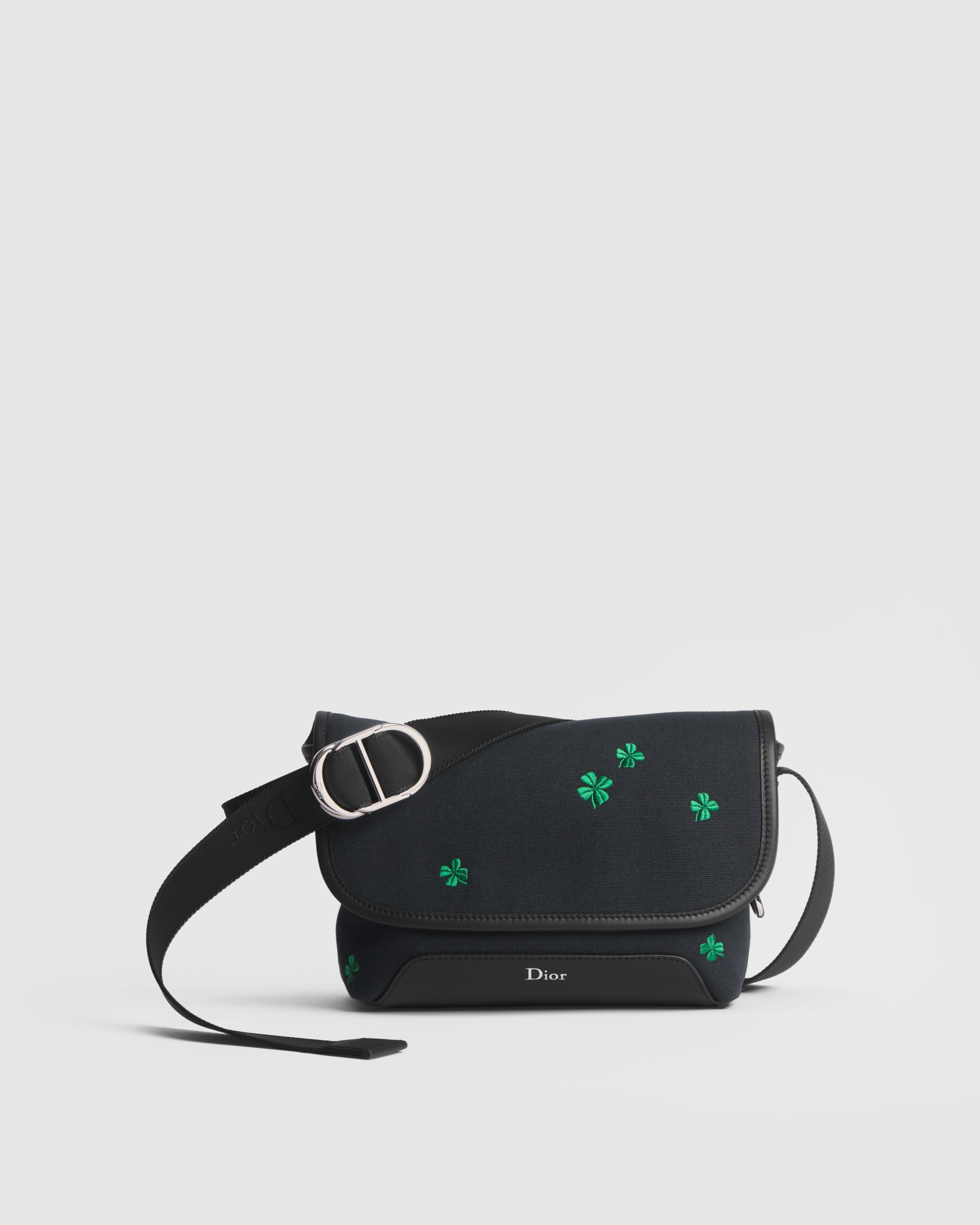 Mini Dior Jett Messenger Bag with Flap Black Canvas and Dior Clover Embroidery E01
