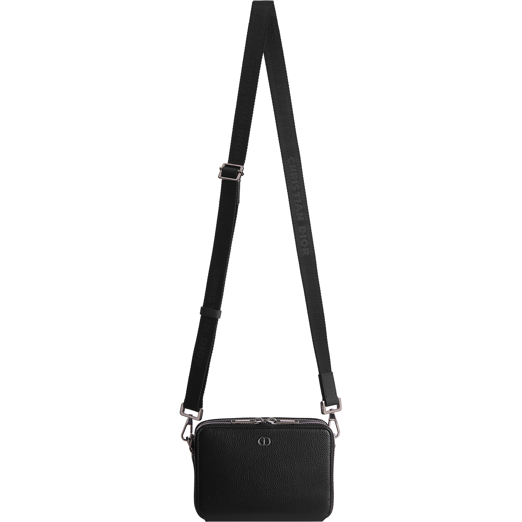 CD Icon Zipped Pouch with Strap Black Grained Calfskin E01