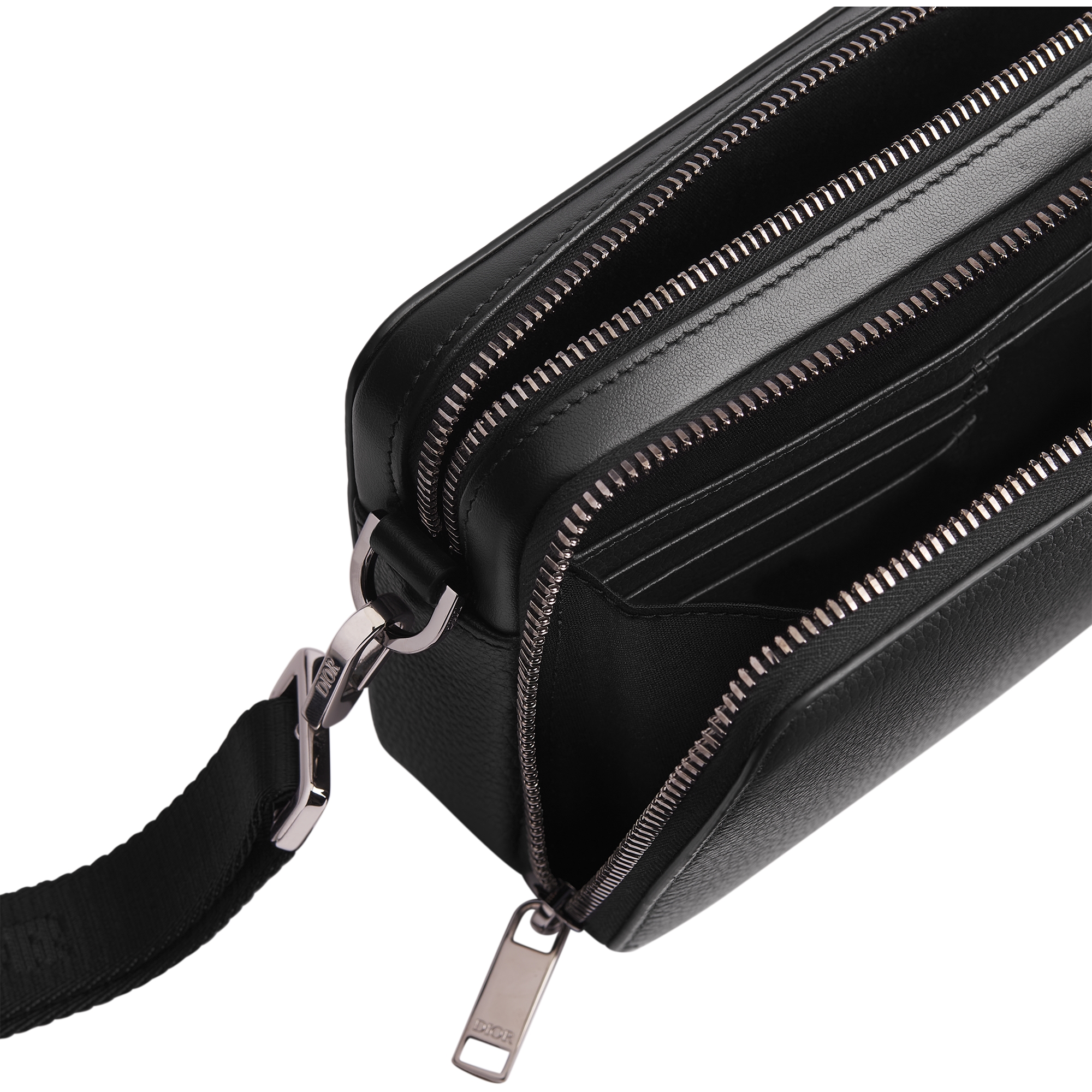 CD Icon Zipped Pouch with Strap Black Grained Calfskin E06