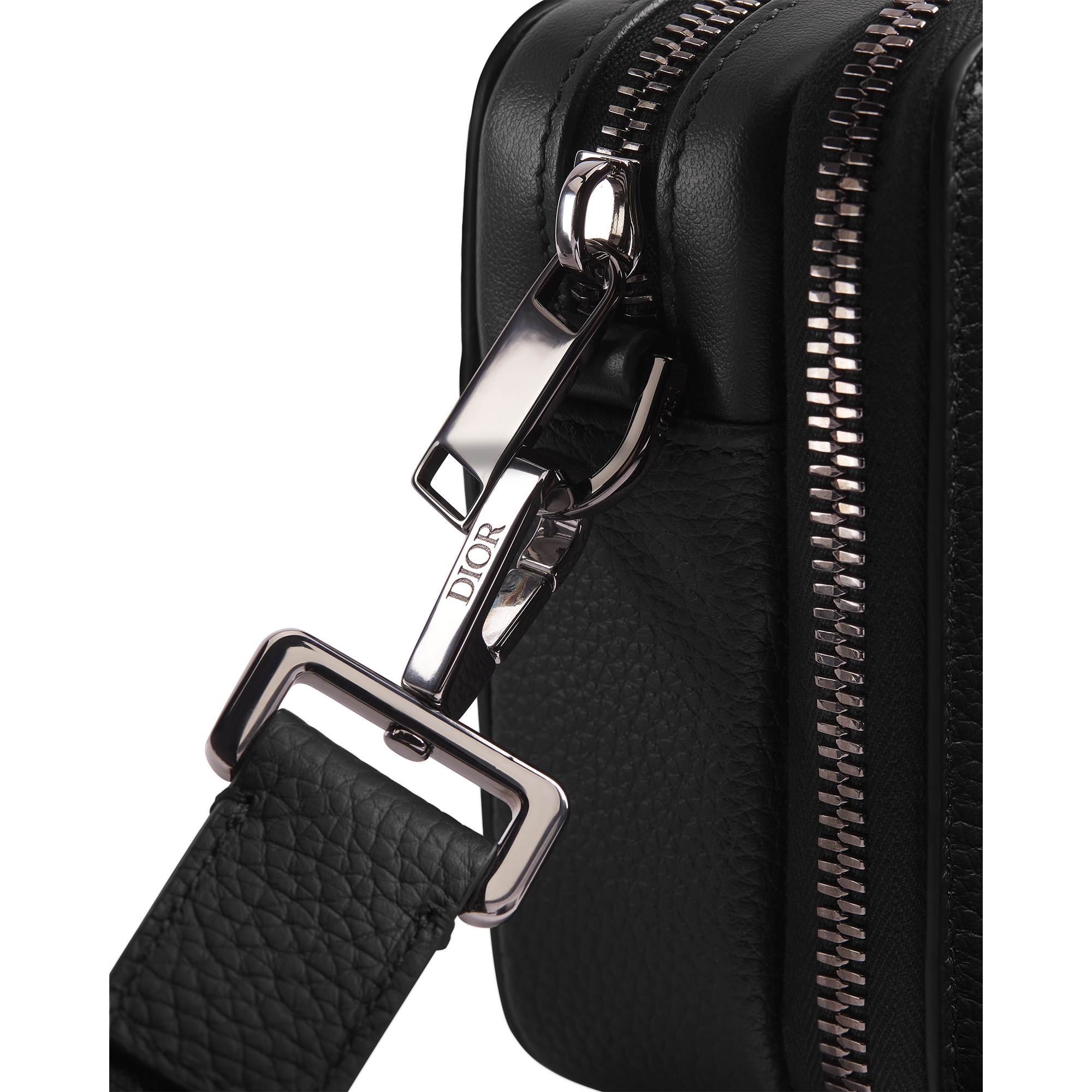 CD Icon Zipped Pouch with Strap Black Grained Calfskin E09