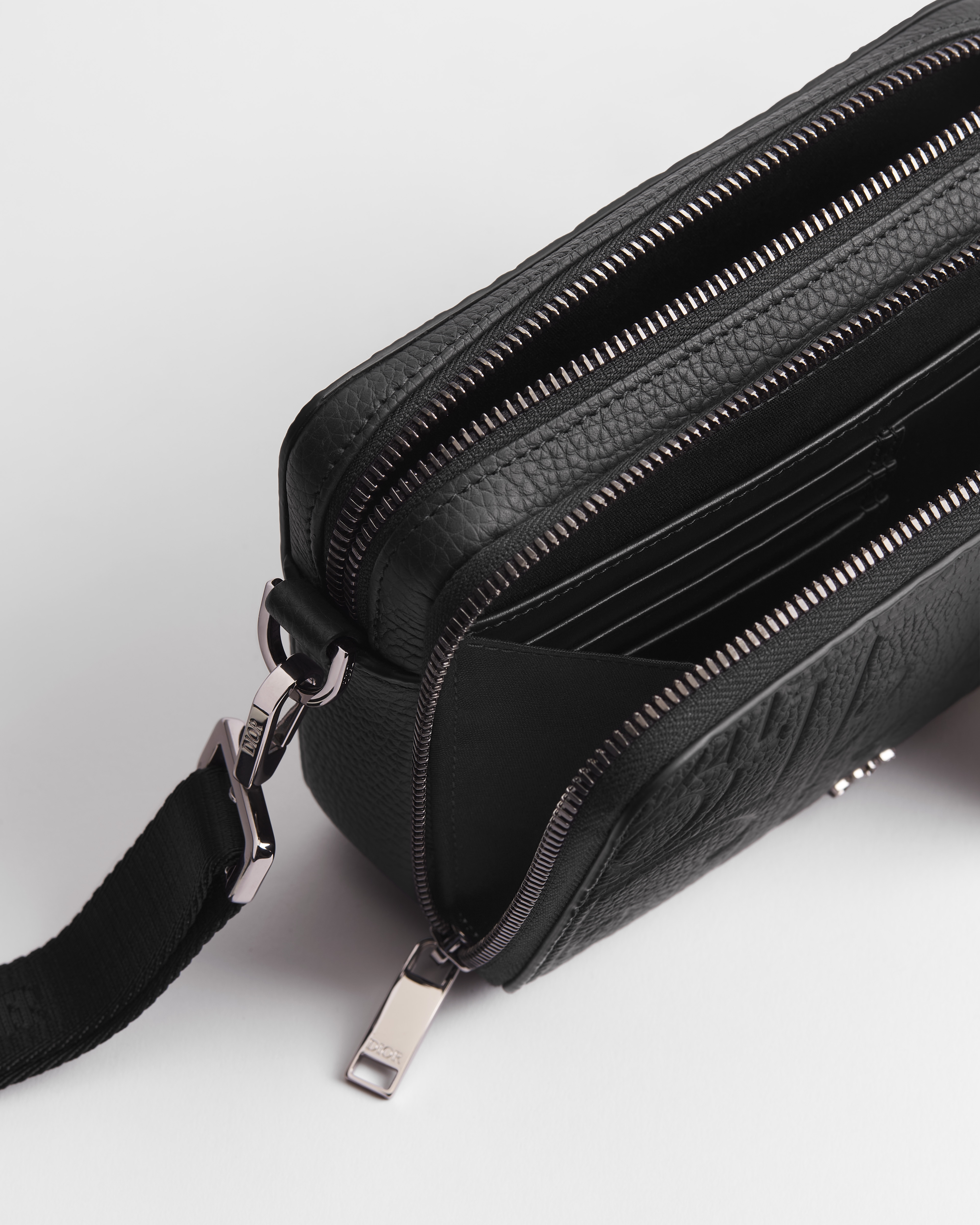 拉鏈小袋連肩帶 黑色 Dior Gravity 皮革 E06