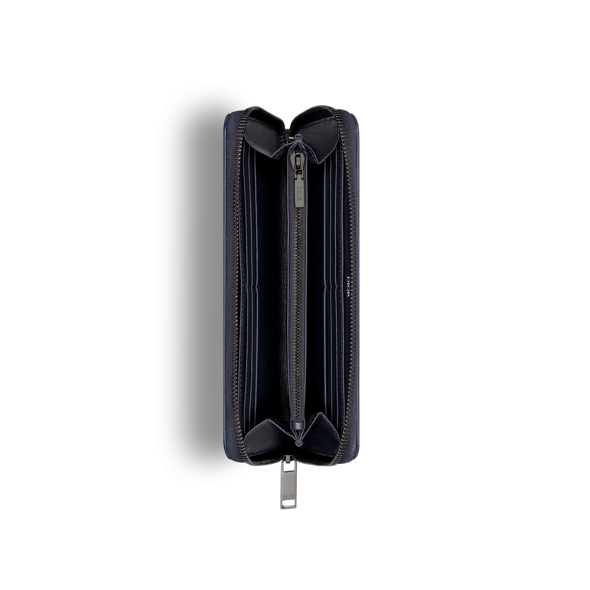 Langes CD Icon Portemonnaie mit Reißverschluss Genarbtes Kalbsleder in Marineblau E06