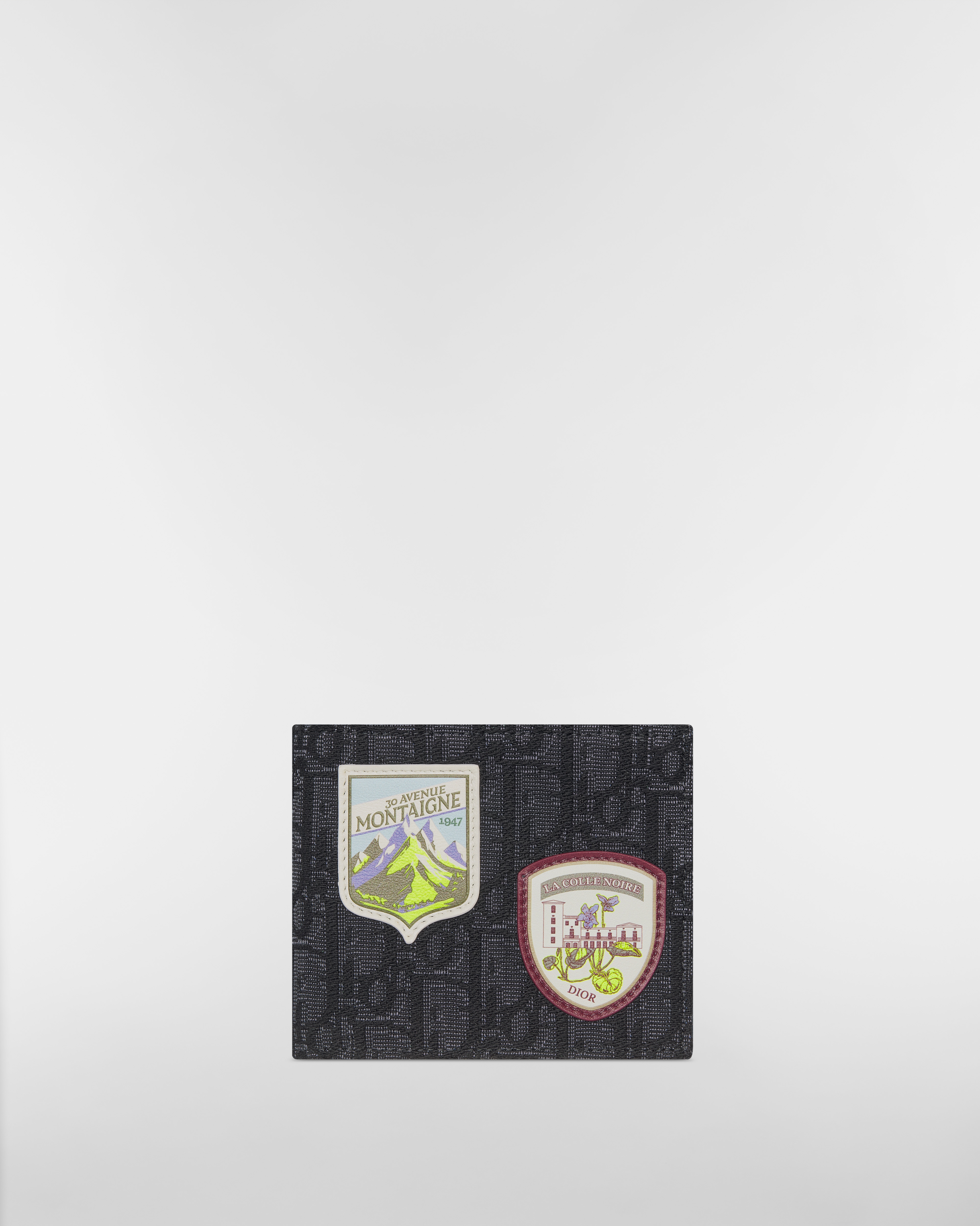 Portefeuille à deux volets Toile jacquard Dior Oblique noir et patchs Dior Mountain multicolores E01