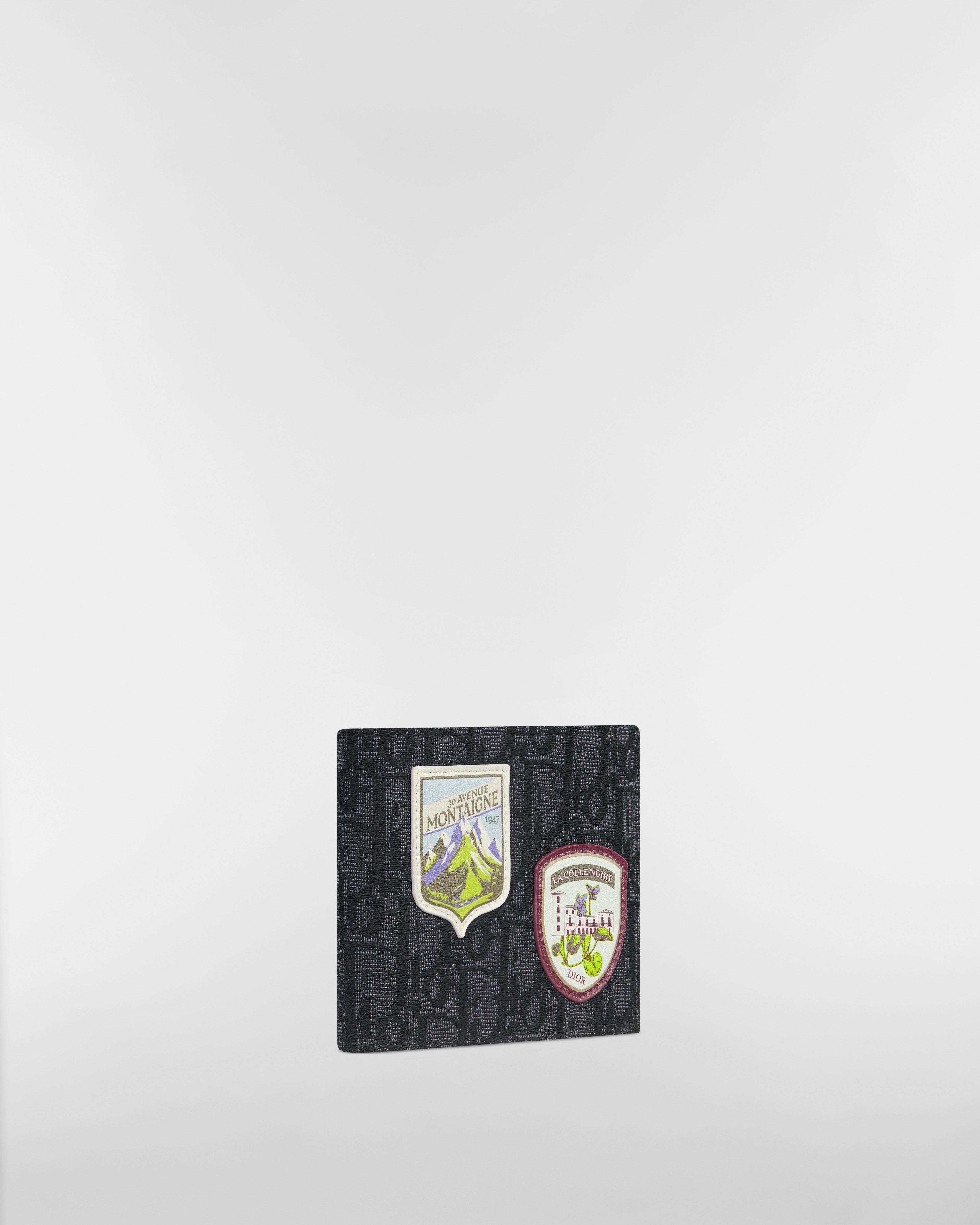 Portefeuille à deux volets Toile jacquard Dior Oblique noir et patchs Dior Mountain multicolores E03
