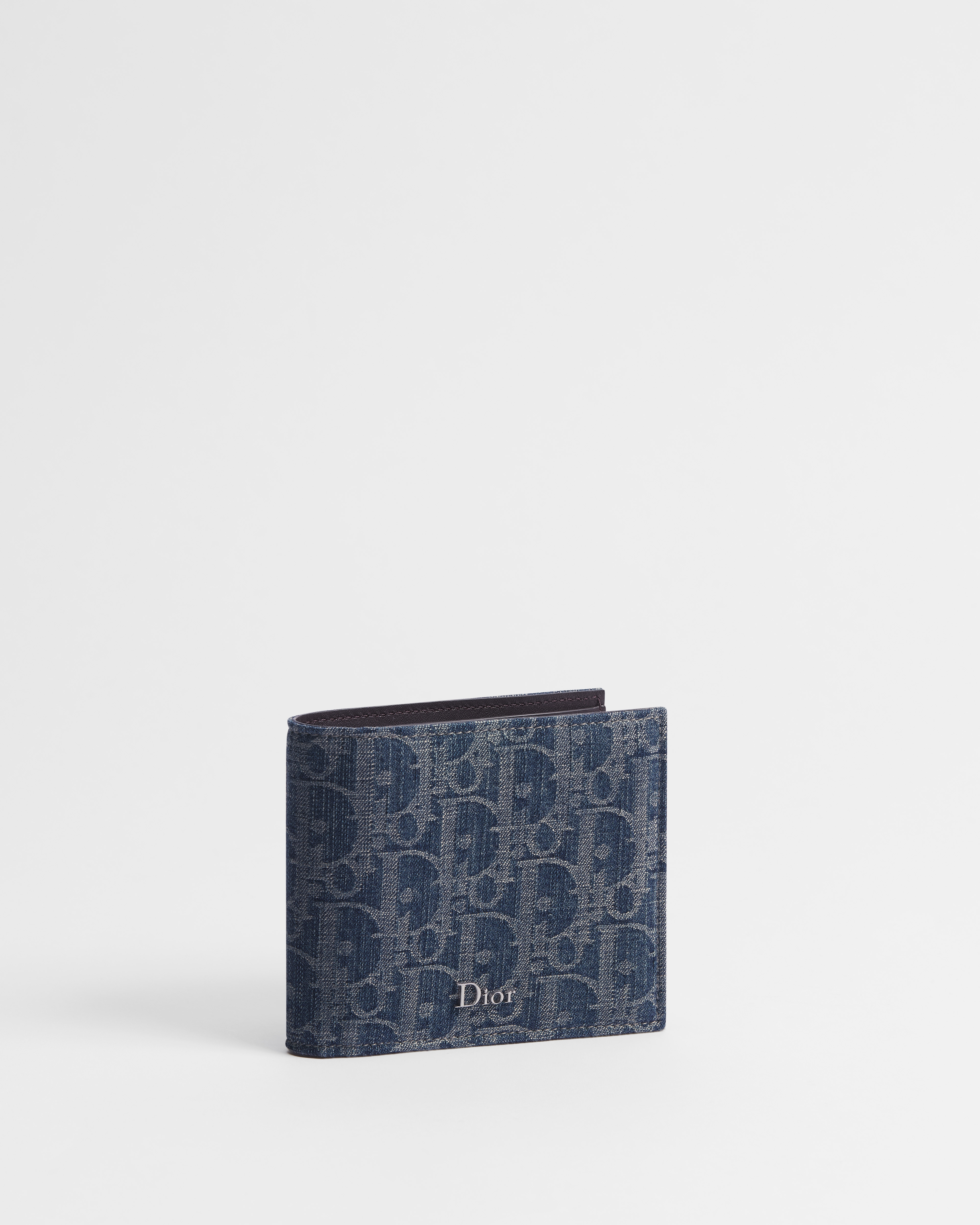 Bifold Wallet Blue Dior Oblique Denim Jacquard and Brown Smooth Calfskin E03