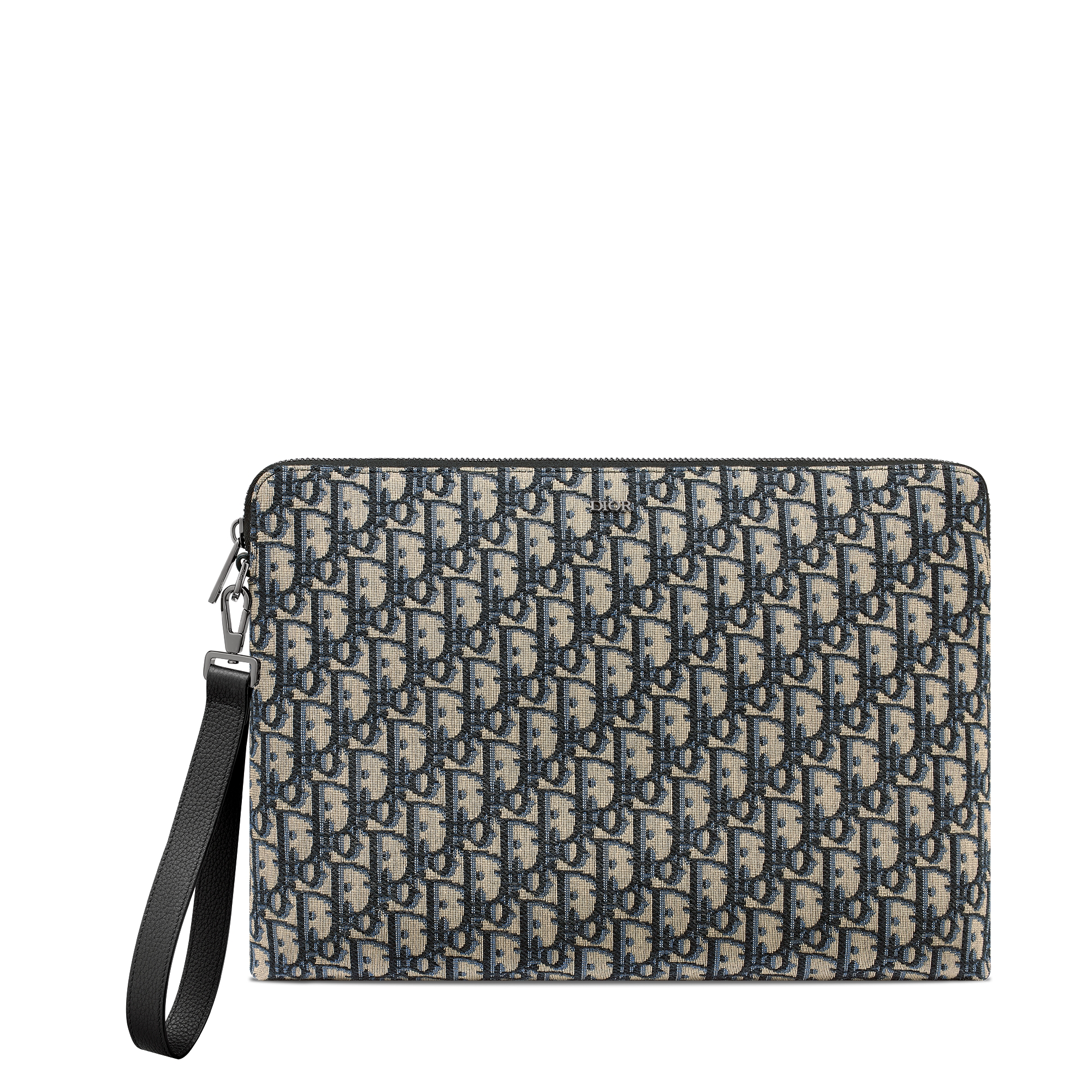 A4 지퍼 파우치 베이지 & 블랙 Dior Oblique 자카드 E01