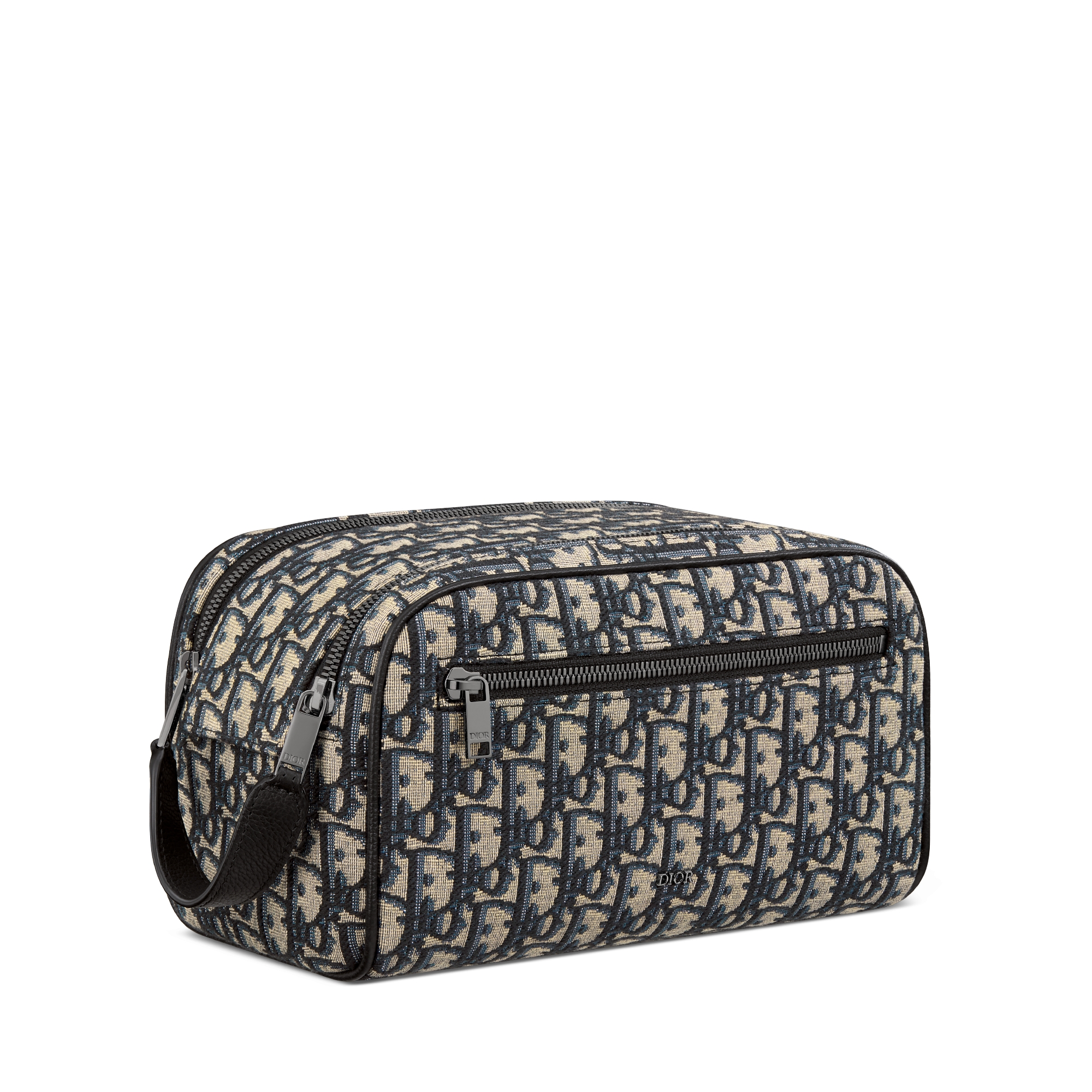 Toiletry Bag Beige and Black Dior Oblique Jacquard with Black Grained Calfskin E03