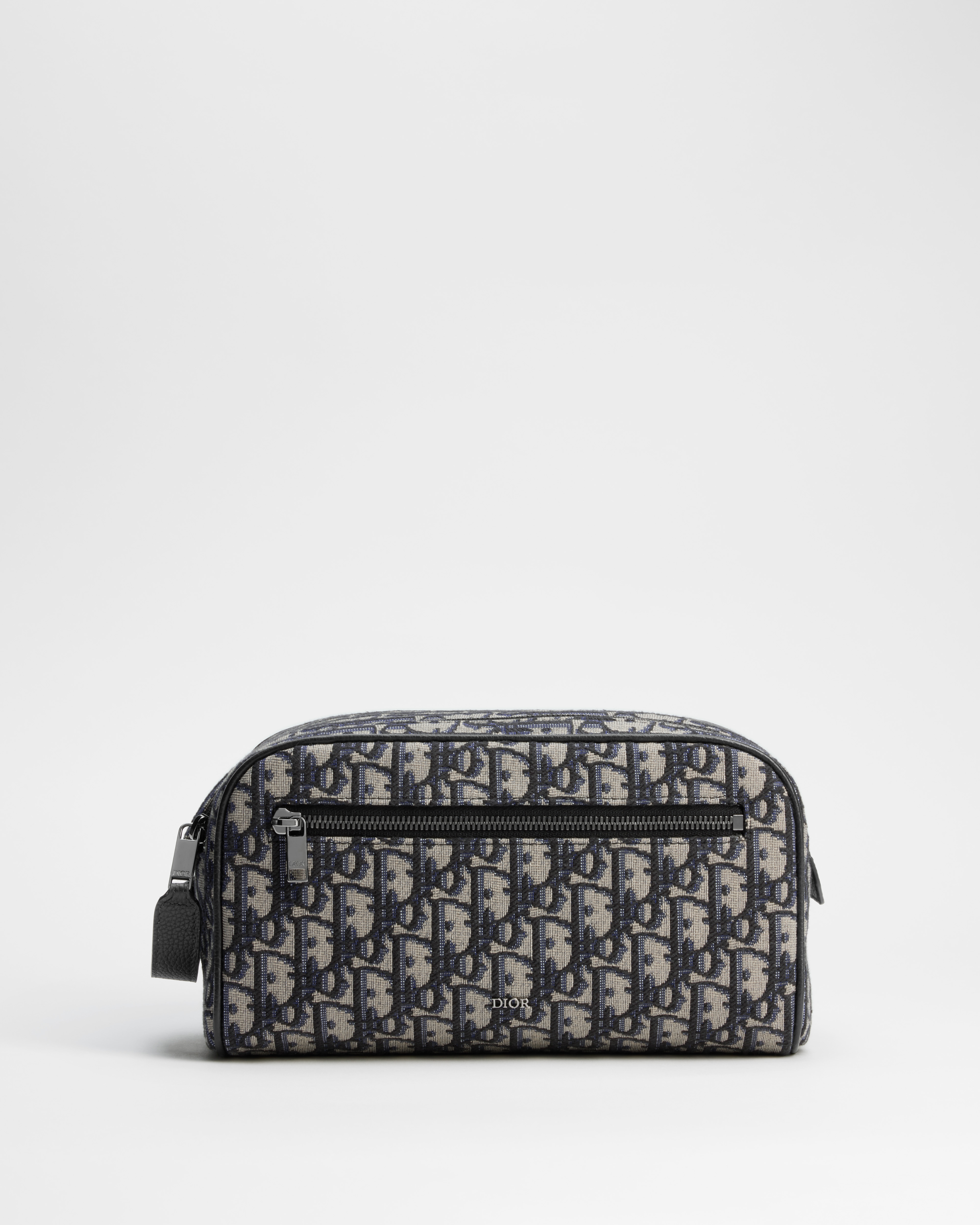 Toiletry Bag Beige and Black Dior Oblique Jacquard with Black Grained Calfskin E01