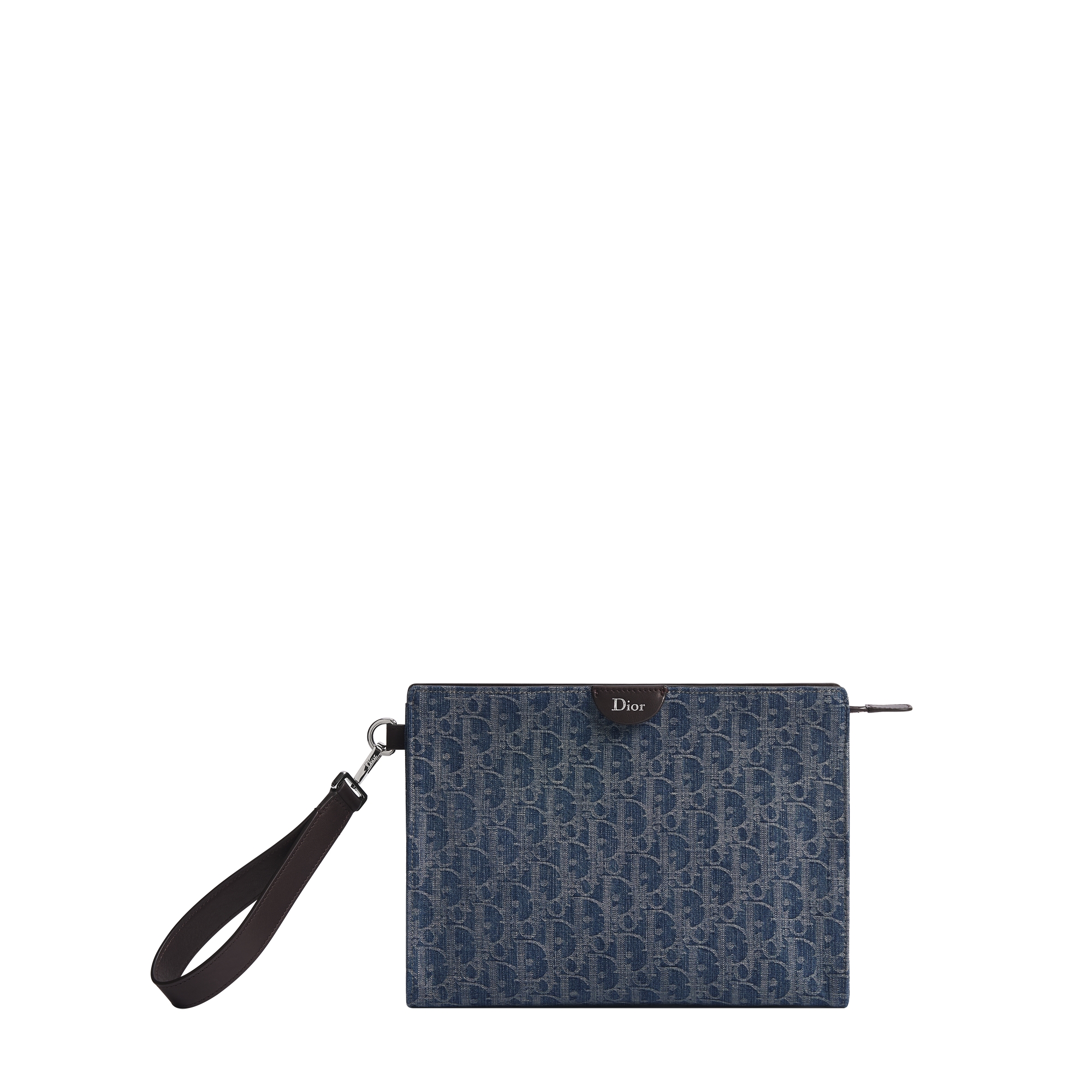 A5 Triangle Pouch Blue Dior Oblique Denim Jacquard and Brown Smooth Calfskin E01