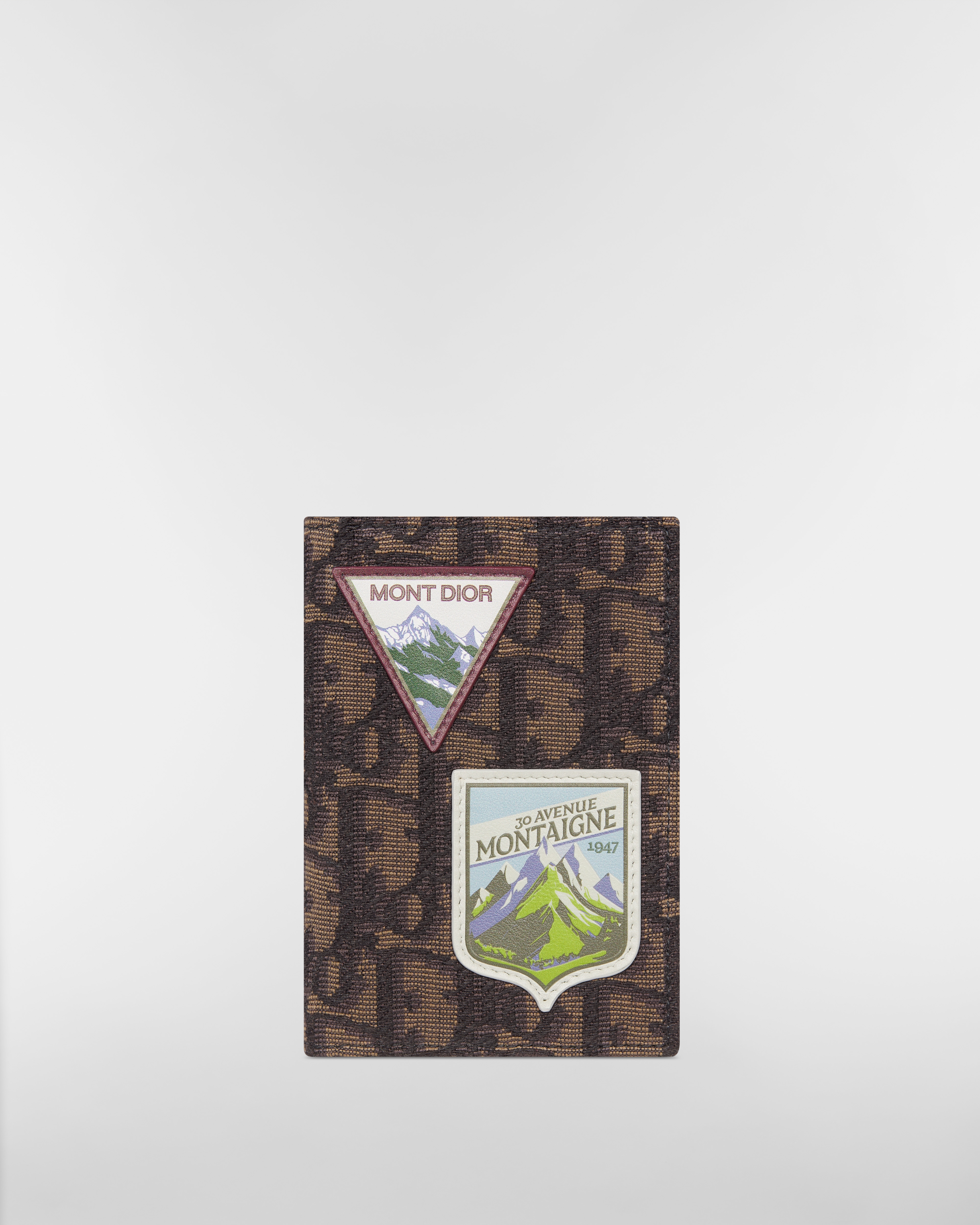 Vertical Bifold Card Holder Brown Dior Oblique Jacquard and Multicolor Dior Mountain Patches E01