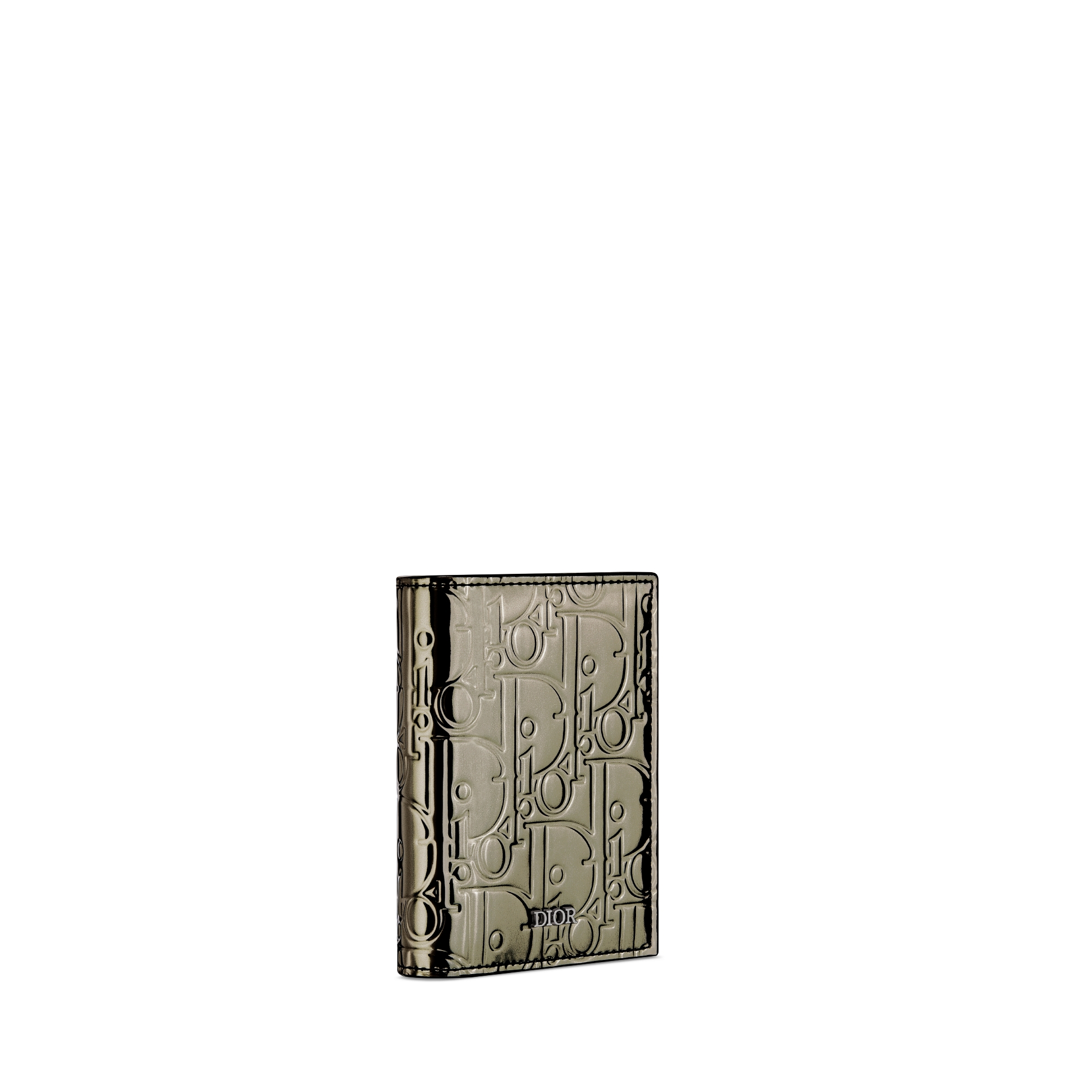 Diorling Vertical Bifold Card Holder Silver-Tone Embossed Dior Oblique Fabric with Metallic Mirrored Effect E03