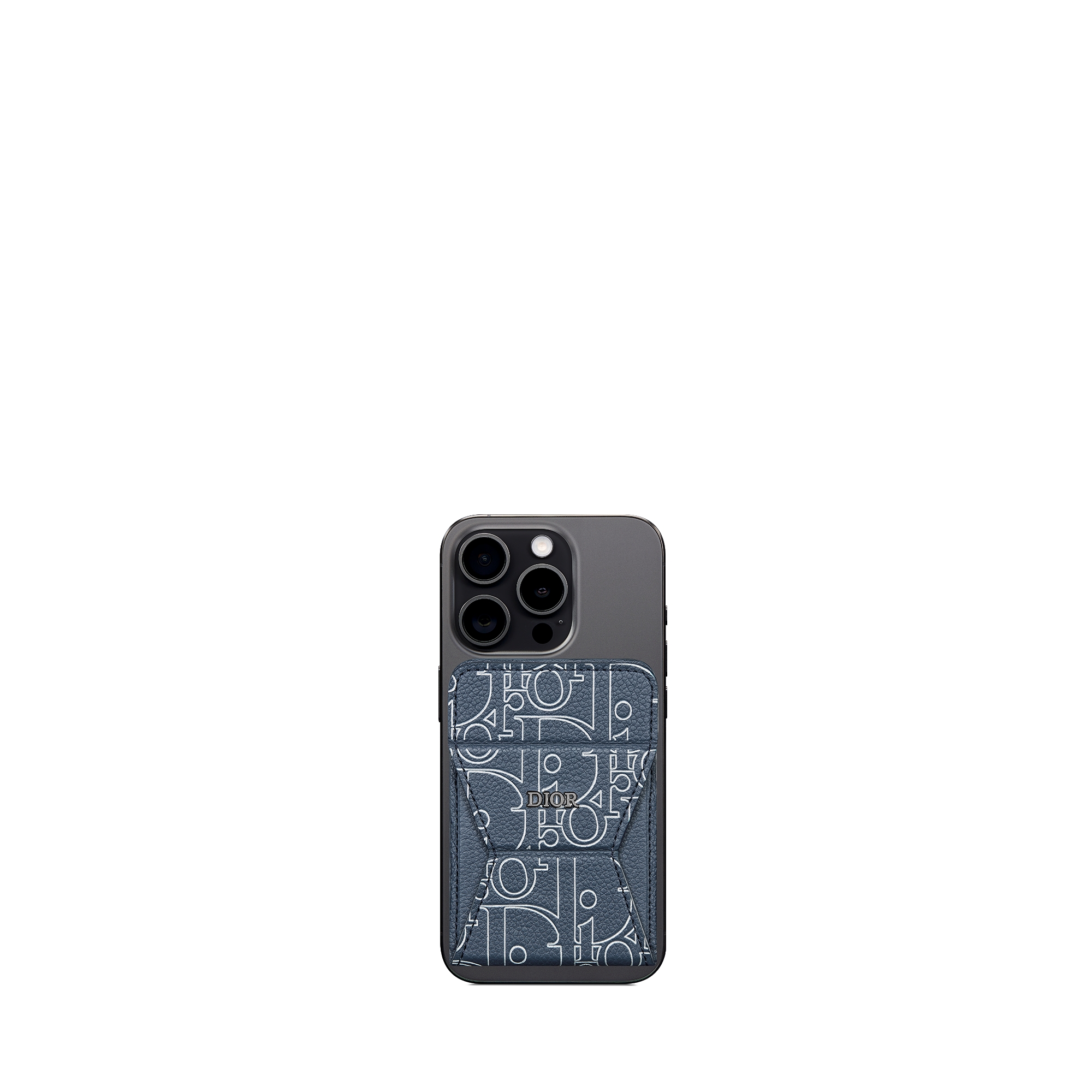 Porte-cartes avec support téléphone magnétique Cuir Dior Gravity Outline bleu marine E11
