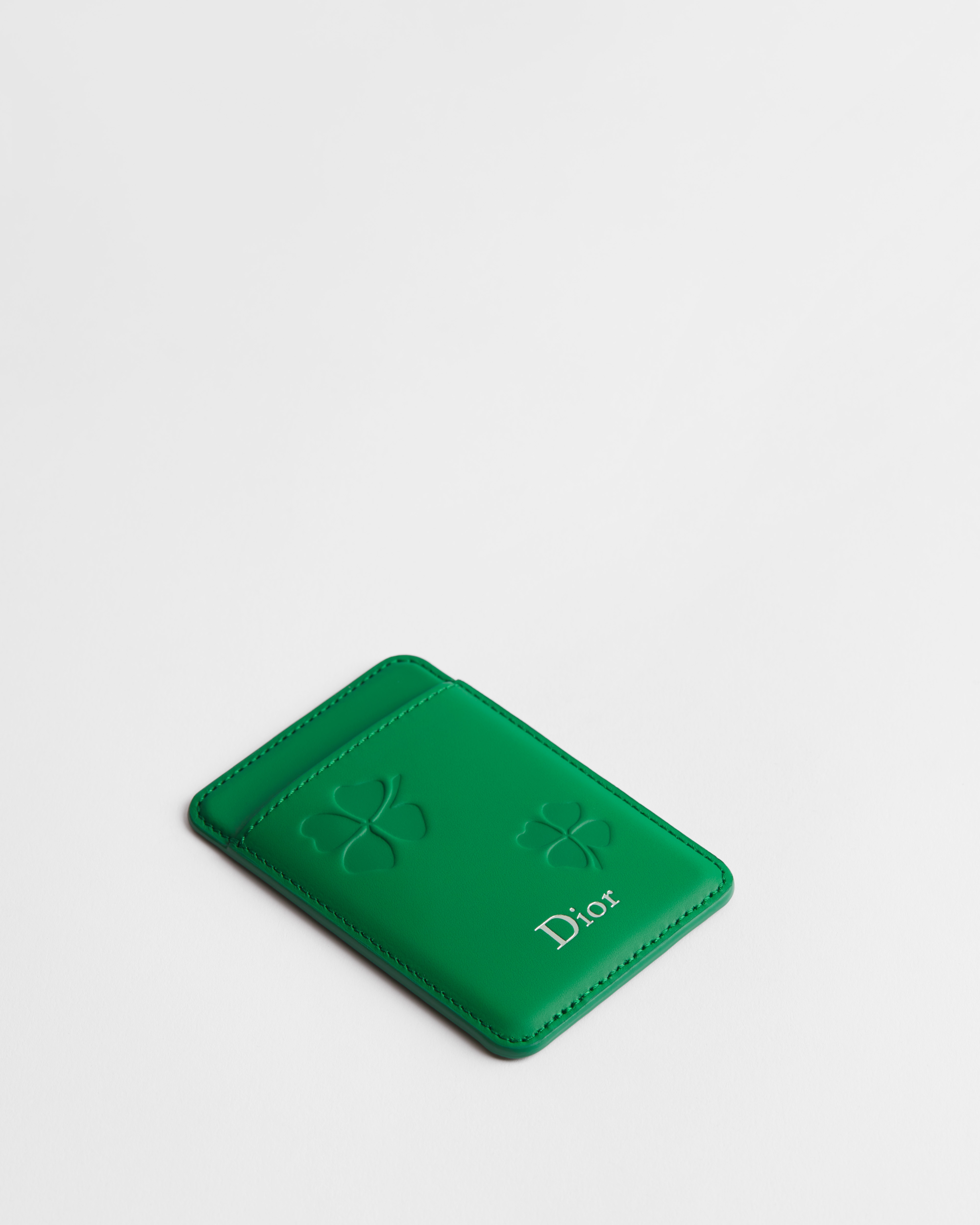 Magnetic Card Holder Bright Green Dior Clover Embossed Calfskin E03