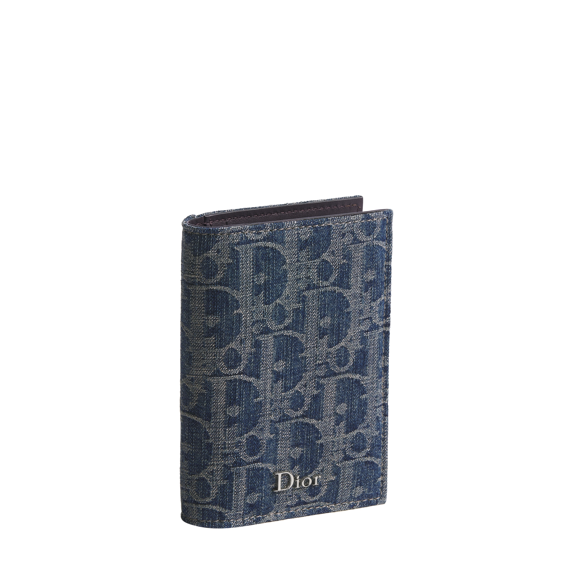 Bifold Card Holder Blue Dior Oblique Denim Jacquard and Brown Smooth Calfskin E03