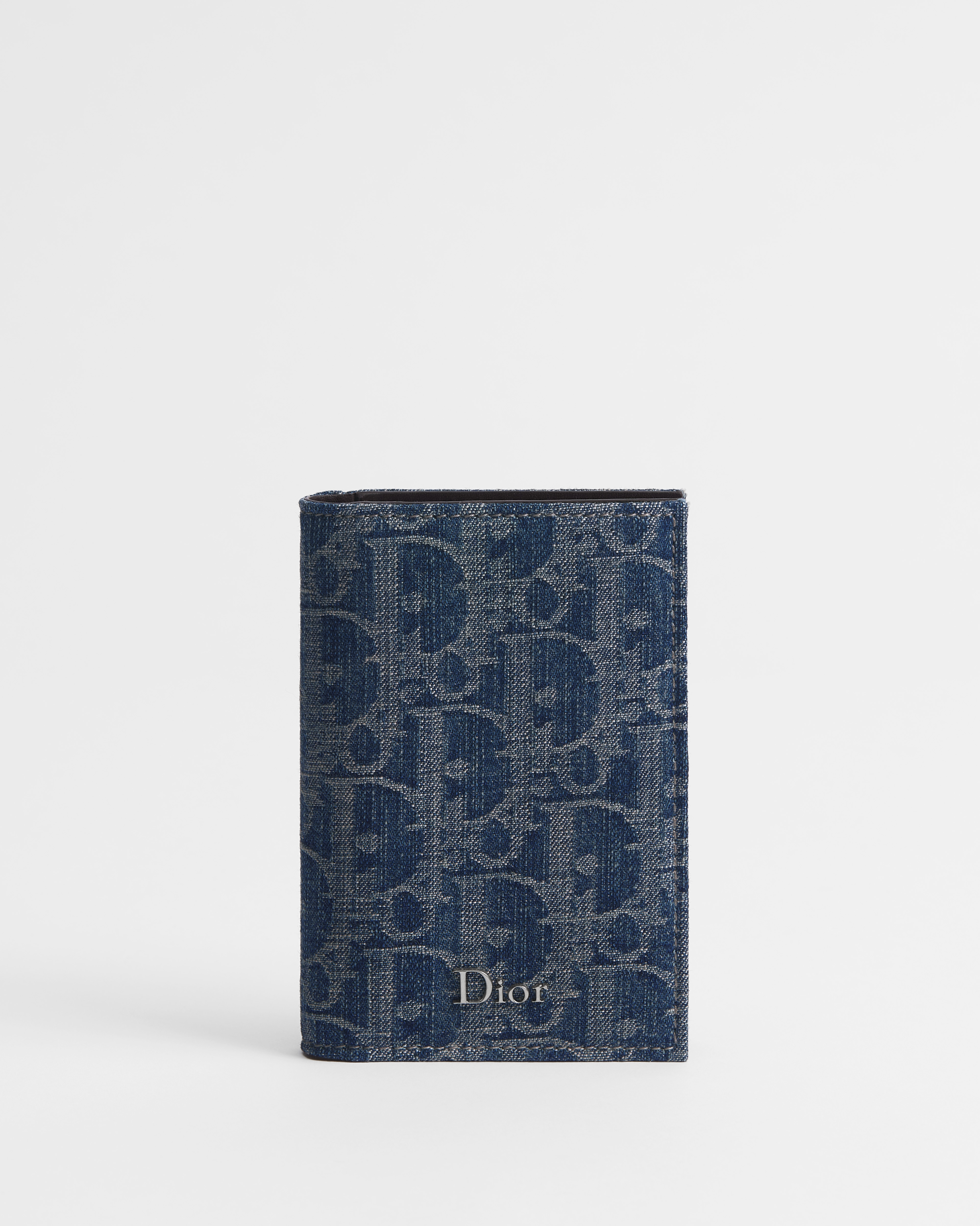 Bifold Card Holder Blue Dior Oblique Denim Jacquard and Brown Smooth Calfskin E01