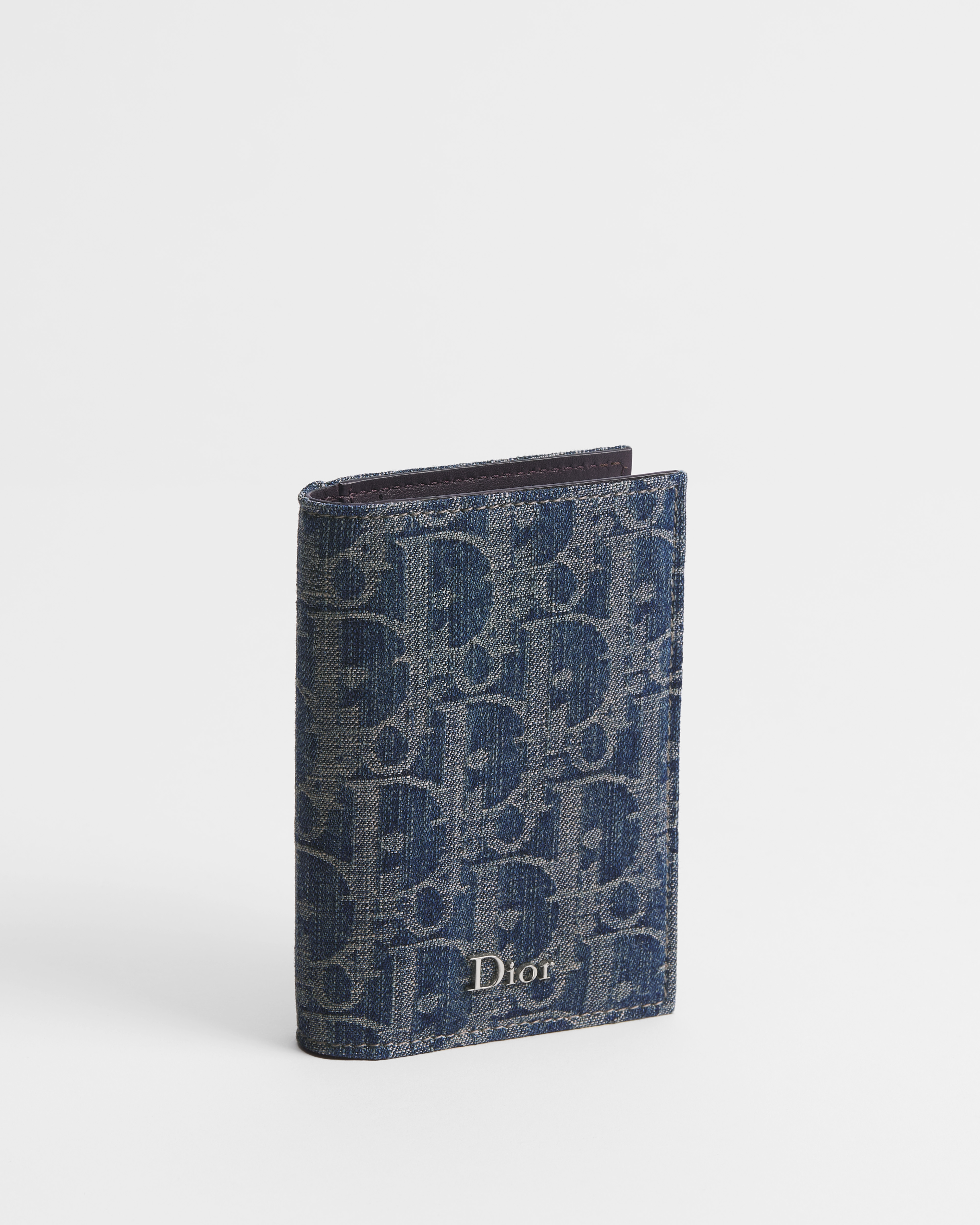 Tarjetero estilo libro Dior Oblique Denim en jacquard azul y piel de becerro lisa marrón E03