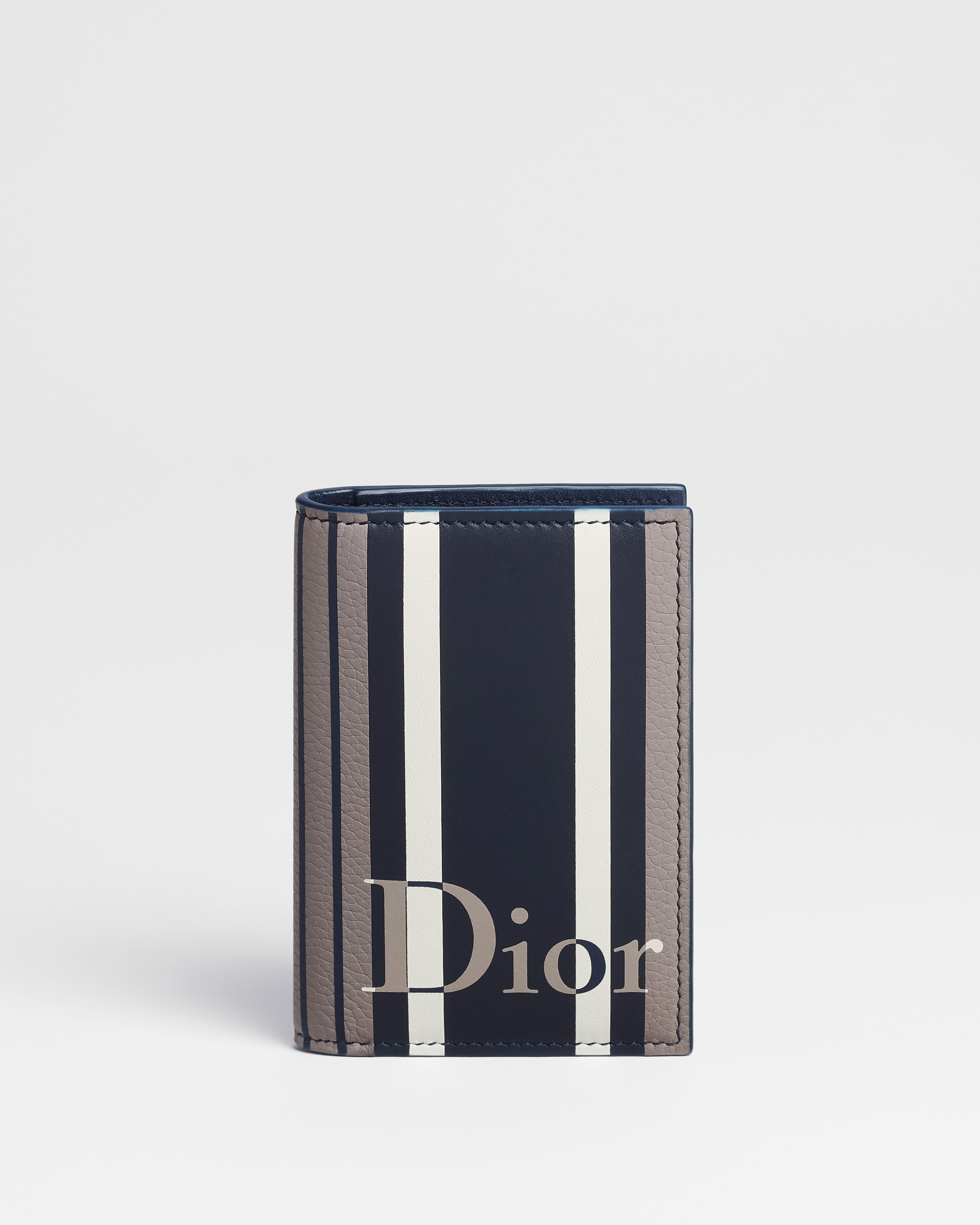 Porte-cartes à deux volets Dioriviera Marqueterie de cuir de veau Sun Stripes gris et bleu E01