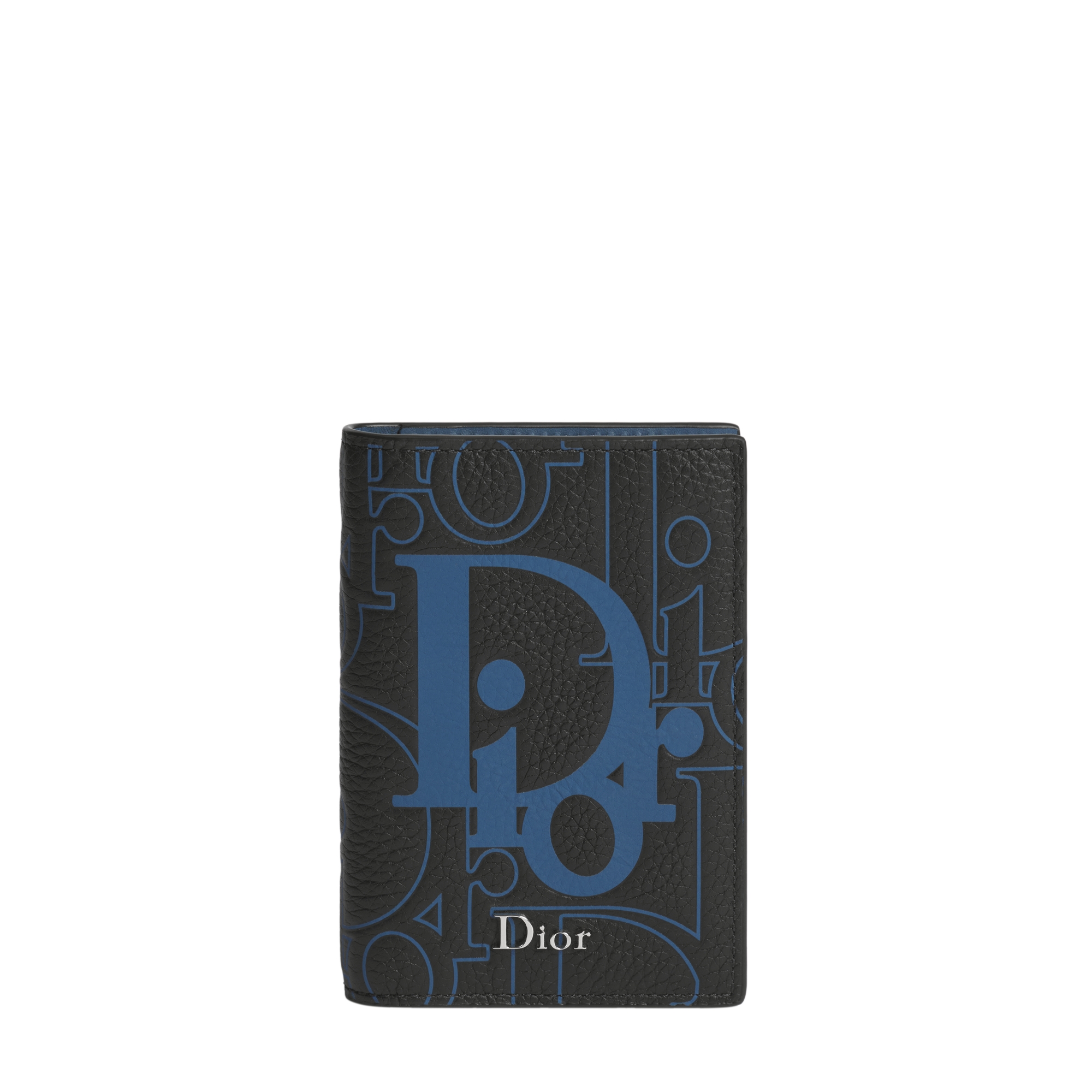 Bifold Card Holder Black and Bleu Denim Dior Gravity Placé Grained Leather E01