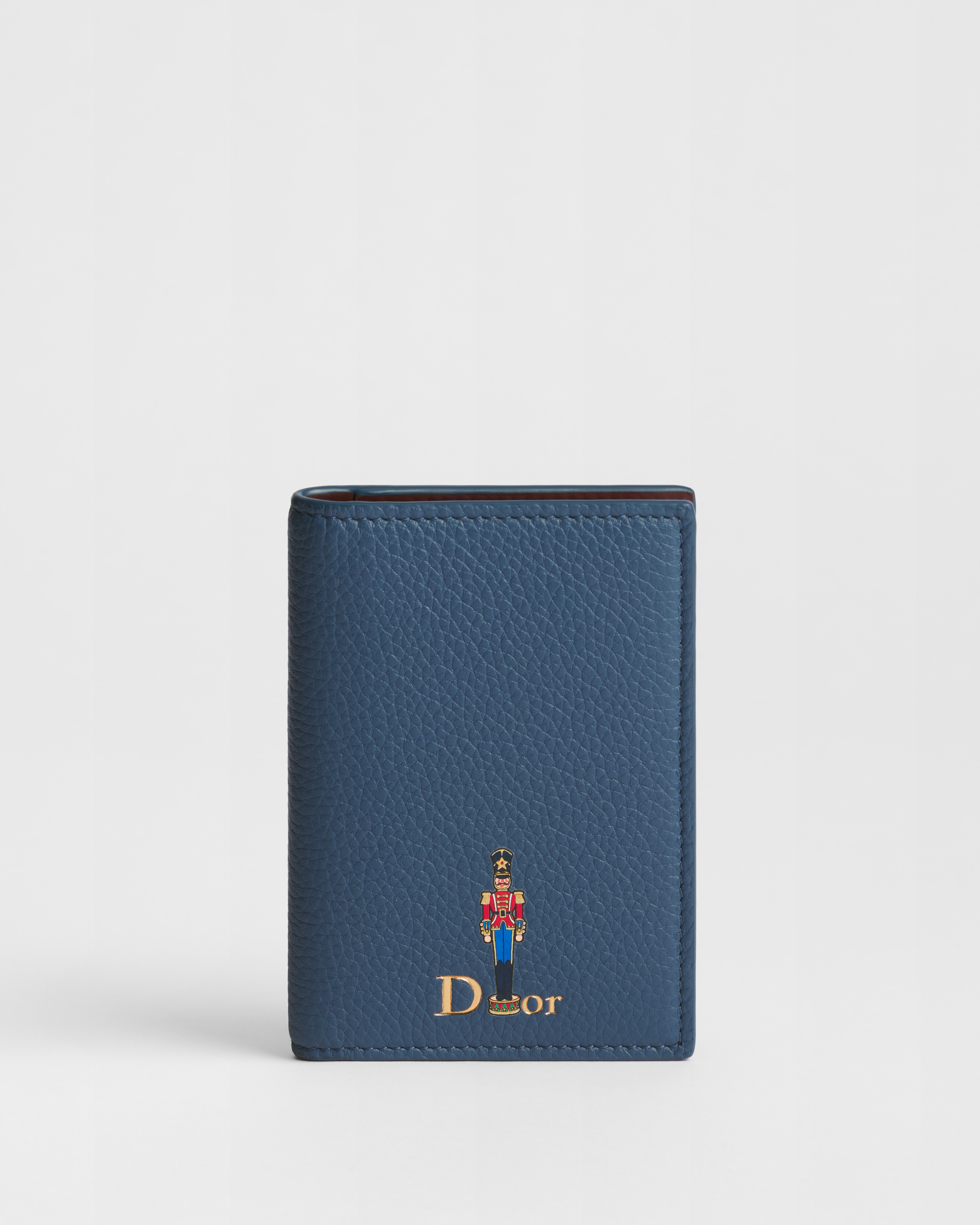 Bifold Card Holder Blue Grained Calfskin with Multicolor Nutcracker Print E01