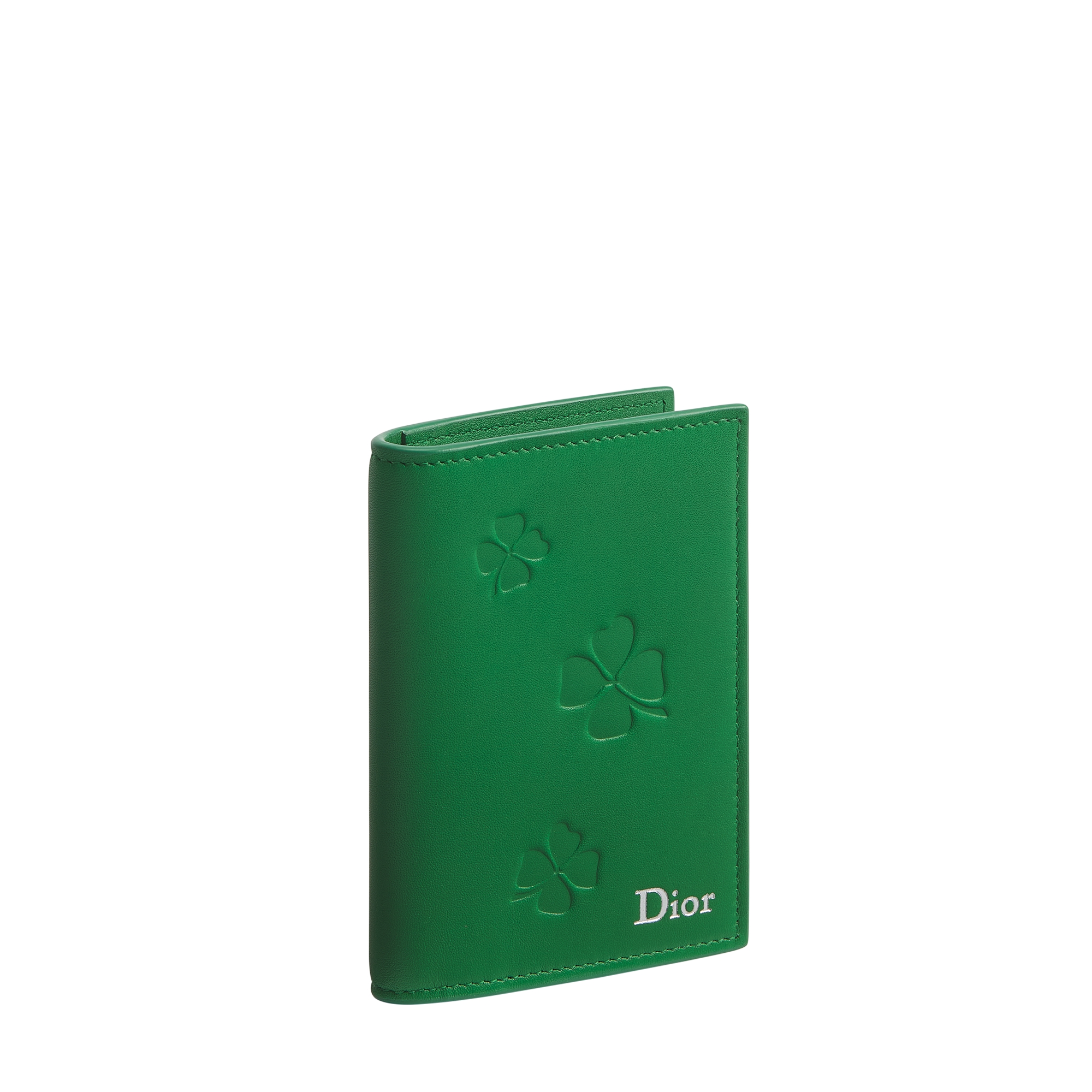 Bifold Card Holder Bright Green Dior Clover Embossed Calfskin E03
