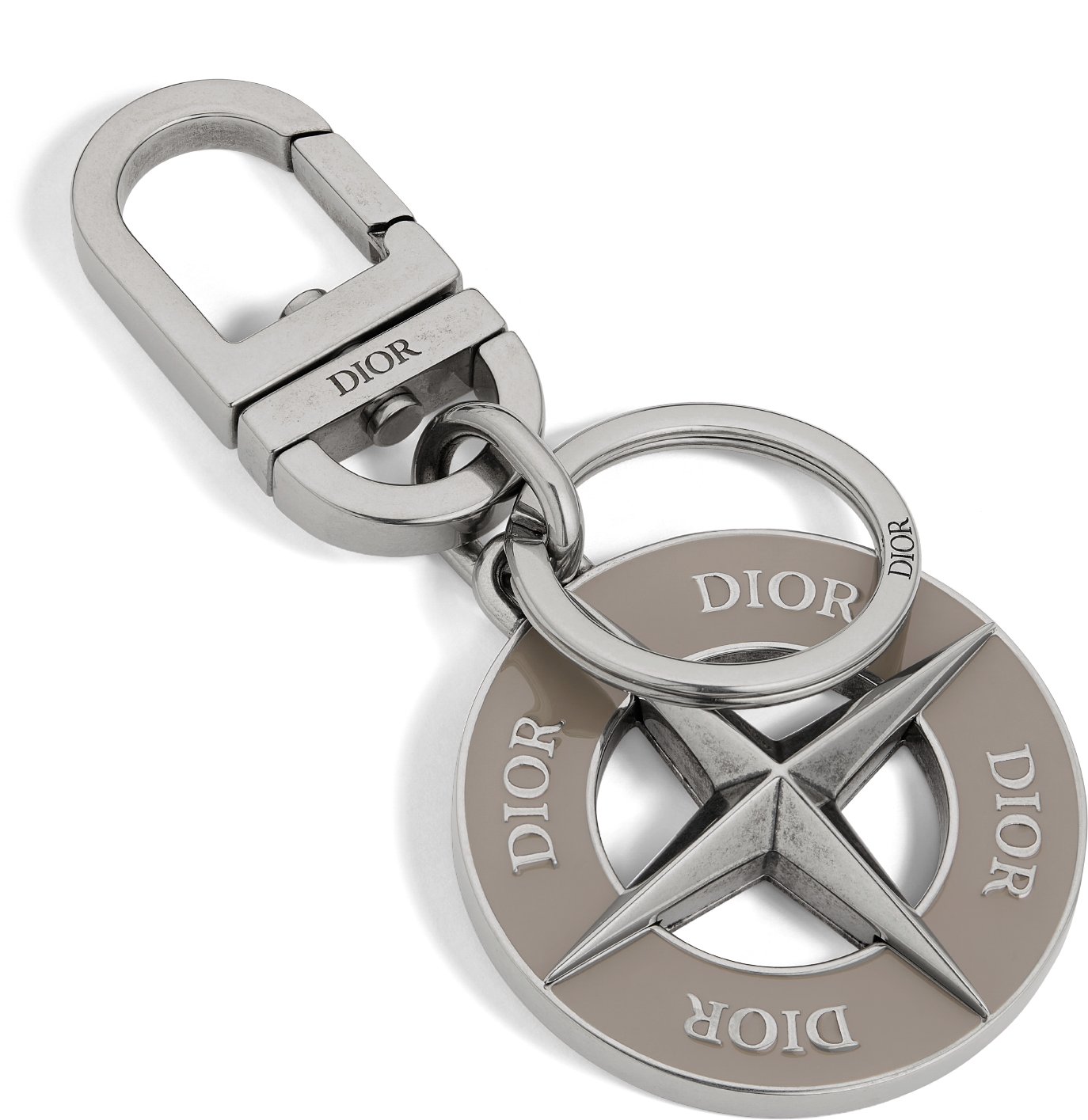 DIOR AND STONE ISLAND Key Ring Palladium Finish Brass and Gray Enamel DIOR