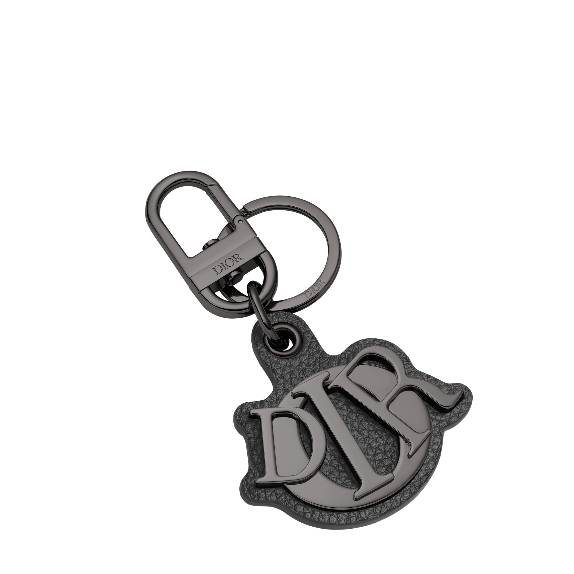 Dior Charm Key Ring Black Grained Calfskin and Ruthenium-Finish Brass E03