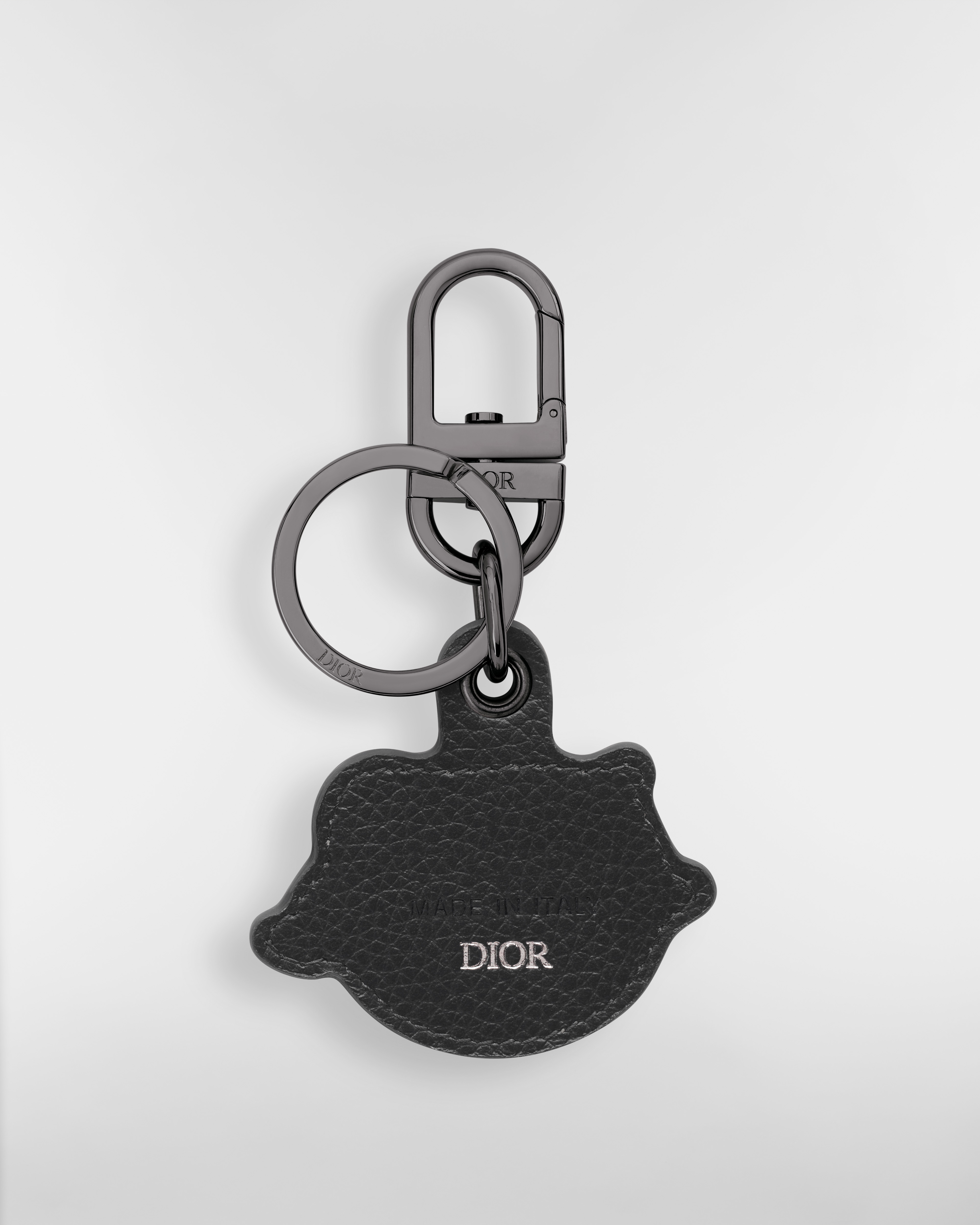 Dior Charm Schlüsselanhänger Genarbtes Kalbsleder in Schwarz und Messing mit Ruthenium-Finish E08