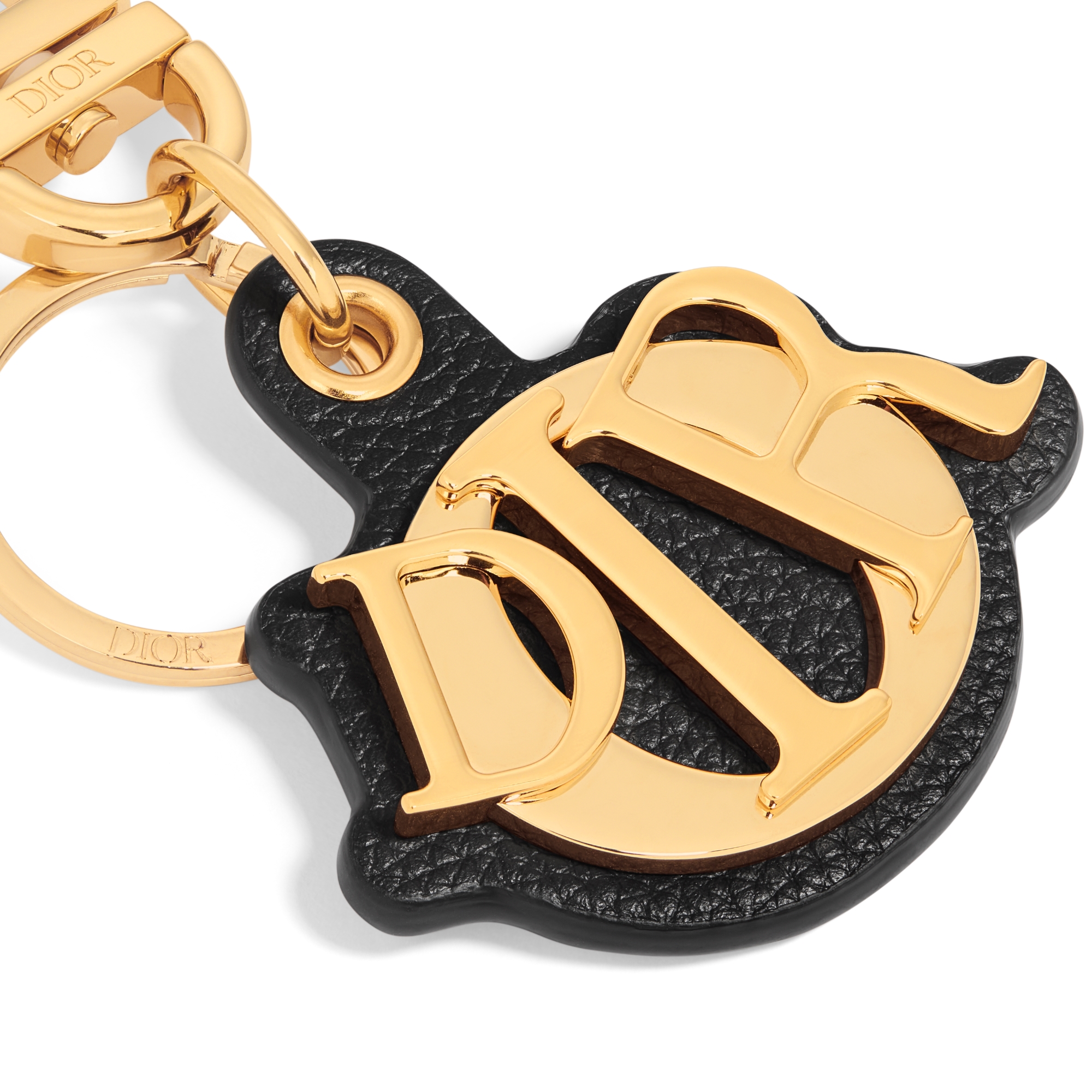 Dior Charm Key Ring Black Grained Calfskin and Gold-Finish Brass E09