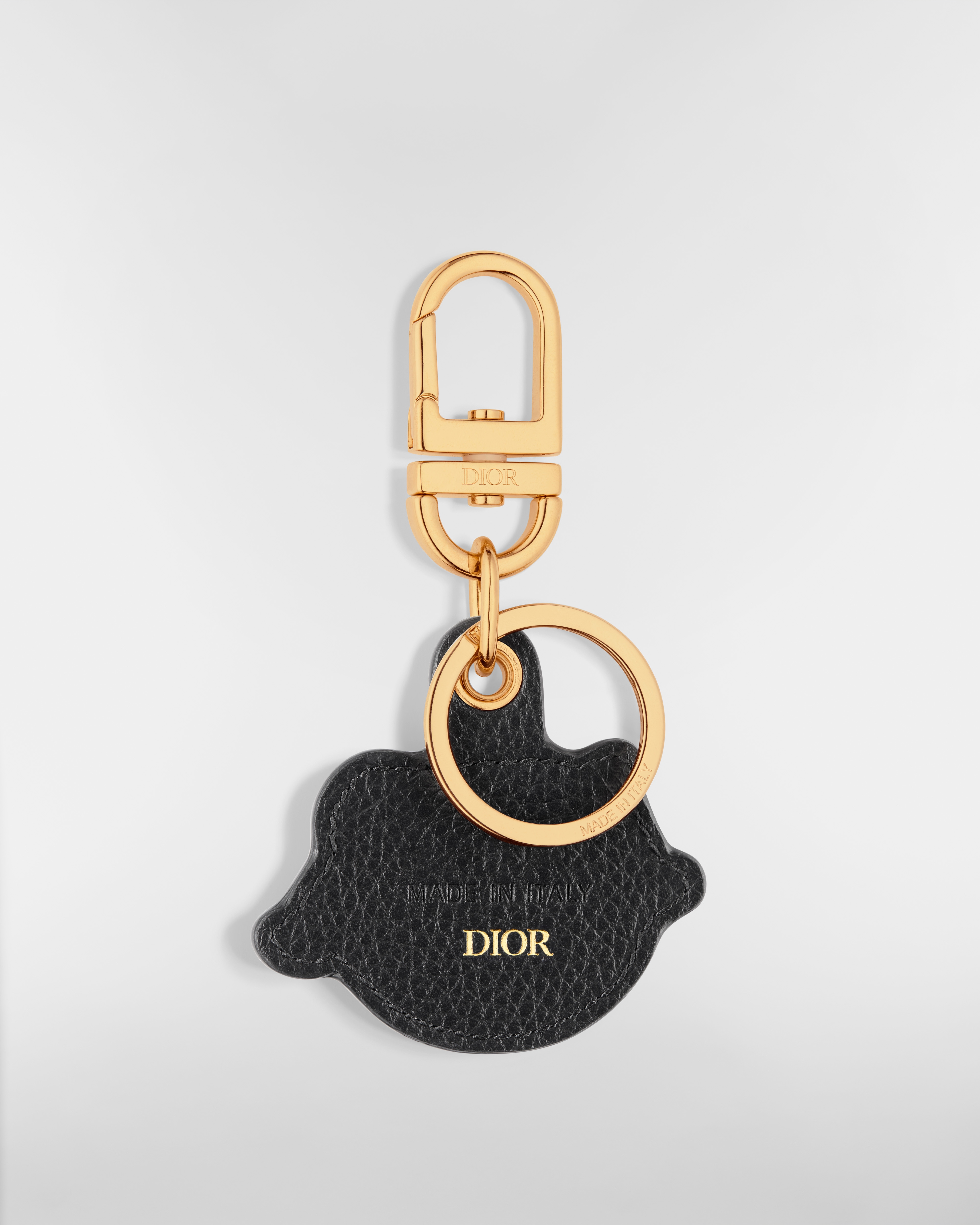 Portachiavi Dior Charm Pelle di vitello granulata nera e ottone con finitura color oro E08