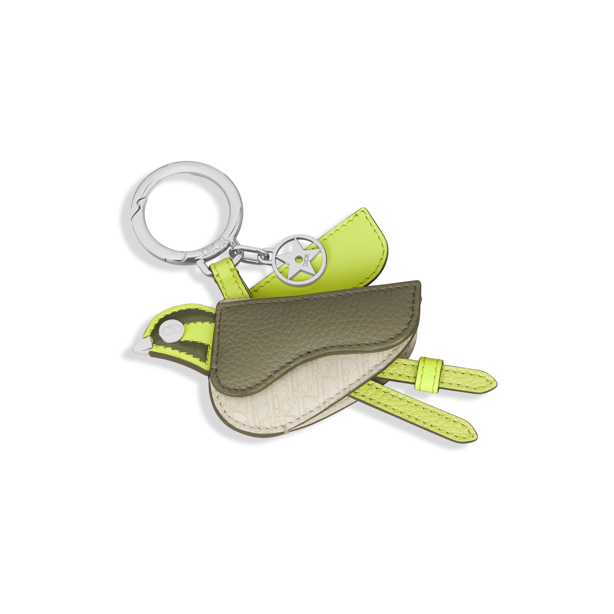 Saddle Bird Key Ring Green Smooth Calfskin, Khaki Grained Calfskin, Beige Micro Dior Oblique Calfskin E03