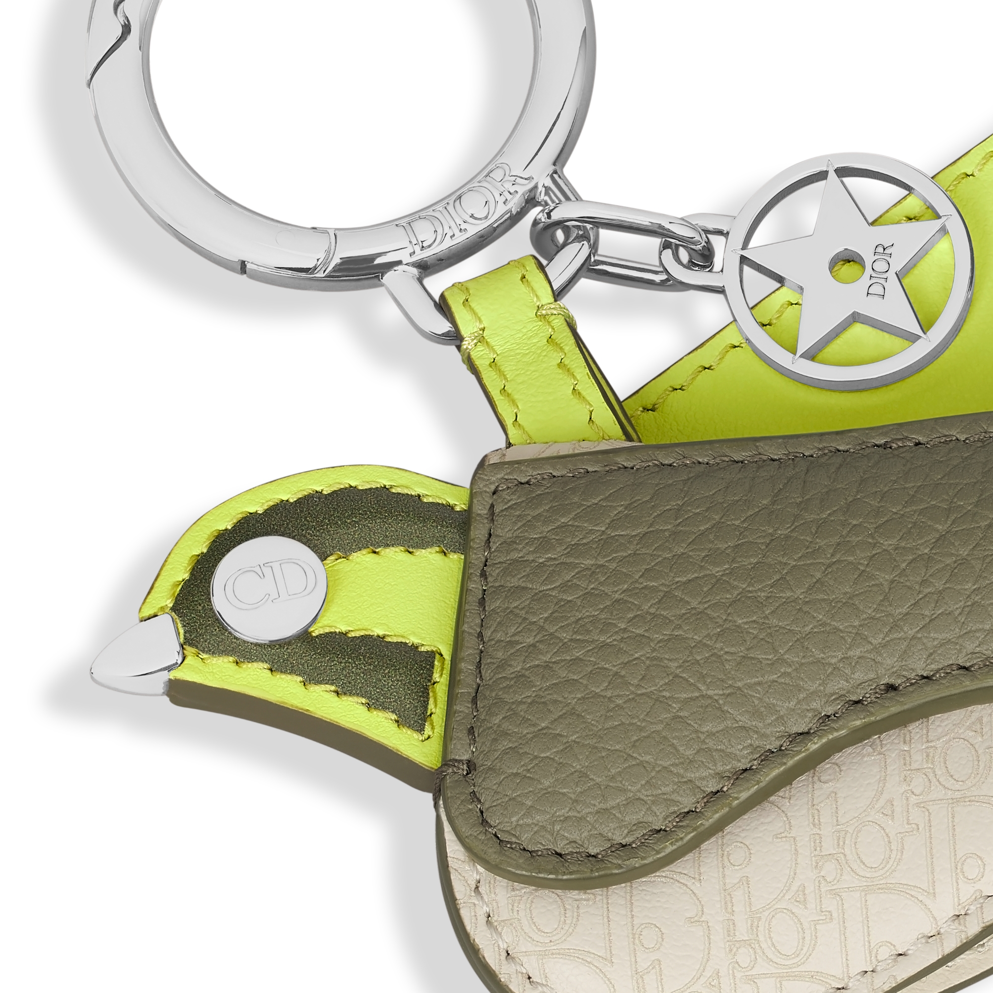 Saddle Bird Key Ring Green Smooth Calfskin, Khaki Grained Calfskin, Beige Micro Dior Oblique Calfskin E09